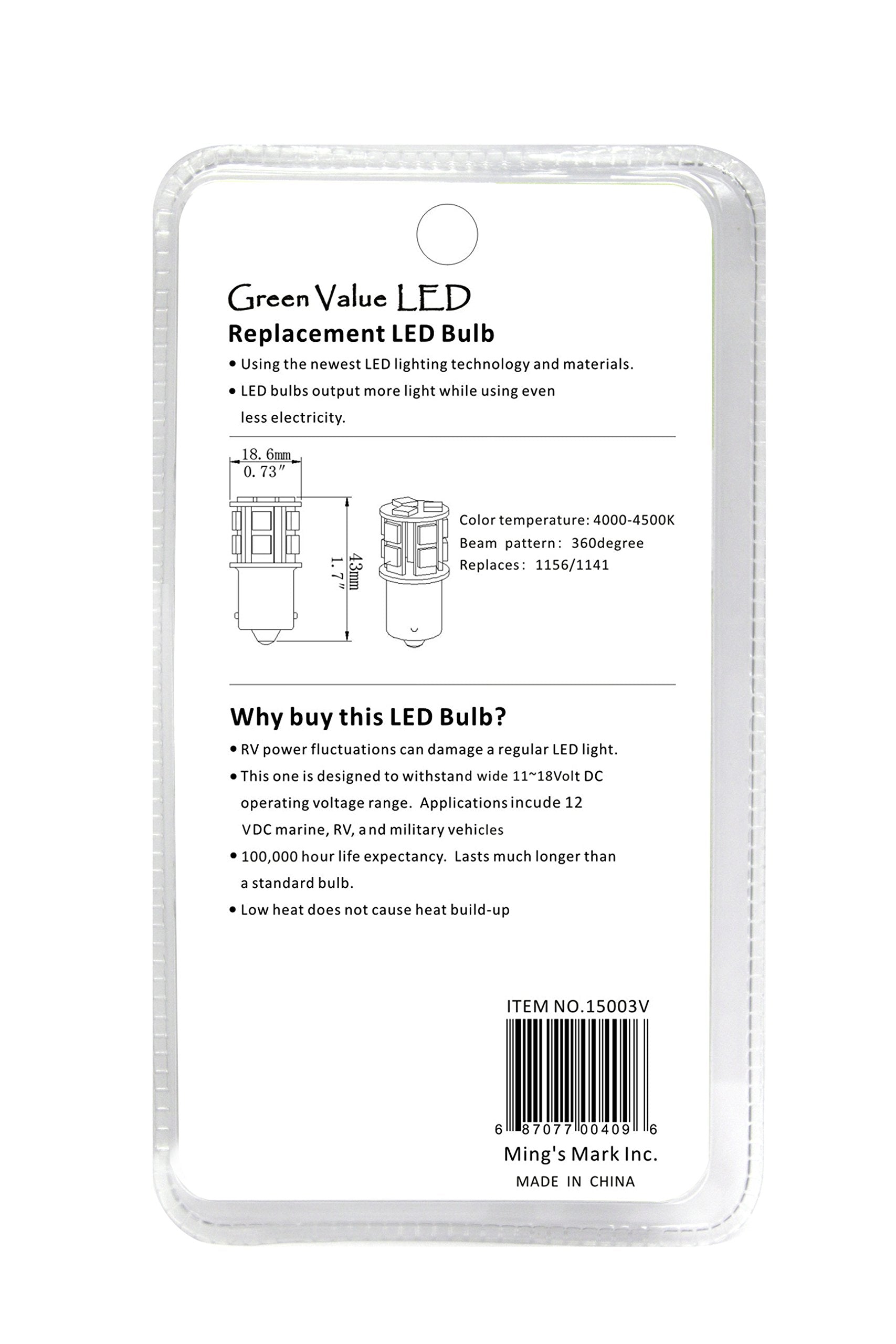 LED Green Value 15001V G4 Base w/L Shape Back Pins Replacement Bulb 150 LUM 8-30v Warm White (Natural White, 1156/1141 Base)