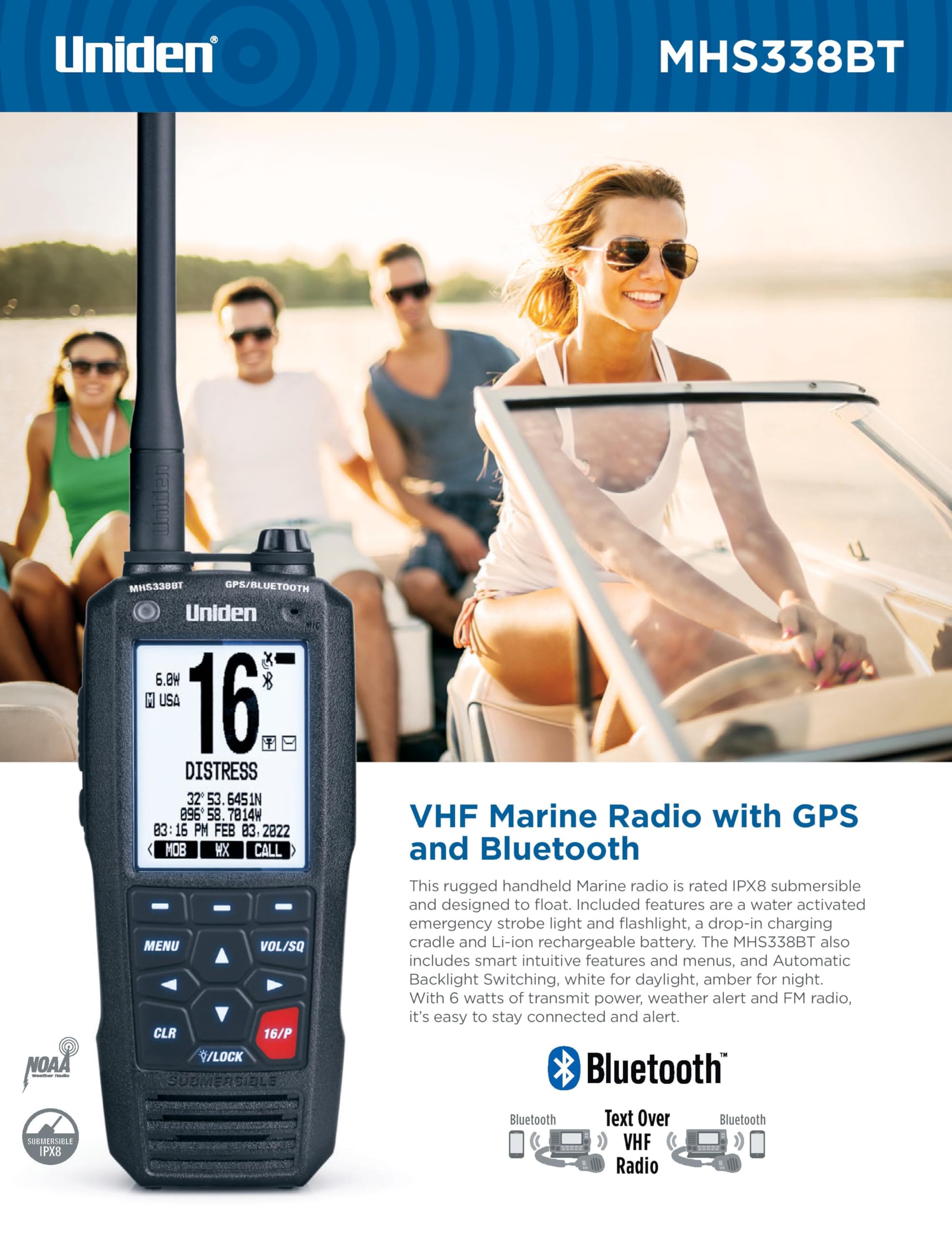 Floating, Handheld Uniden MHS338BT Marine VHF Radio, 6-Watts, GPS and Bluetooth, Submersible IPX8, Emergency Strobe & Flashlight, NOAA Weather Alerts, FM Radio, Chargeing Cradle & Li-ion Battery.