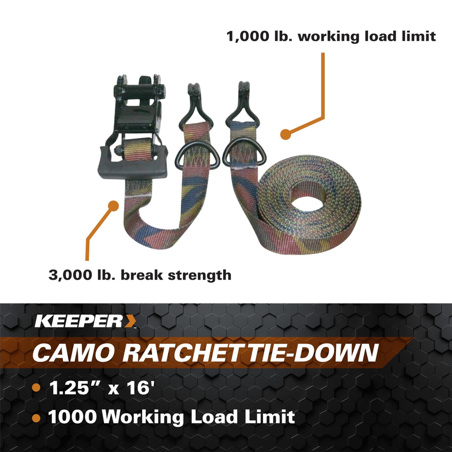 1.25” x 16' Camo Ratchet Tie-Down Keeper with J Hooks, 2 Pack - 1,000 lbs. Working Load Limit and 3,000 lbs. Break Strength