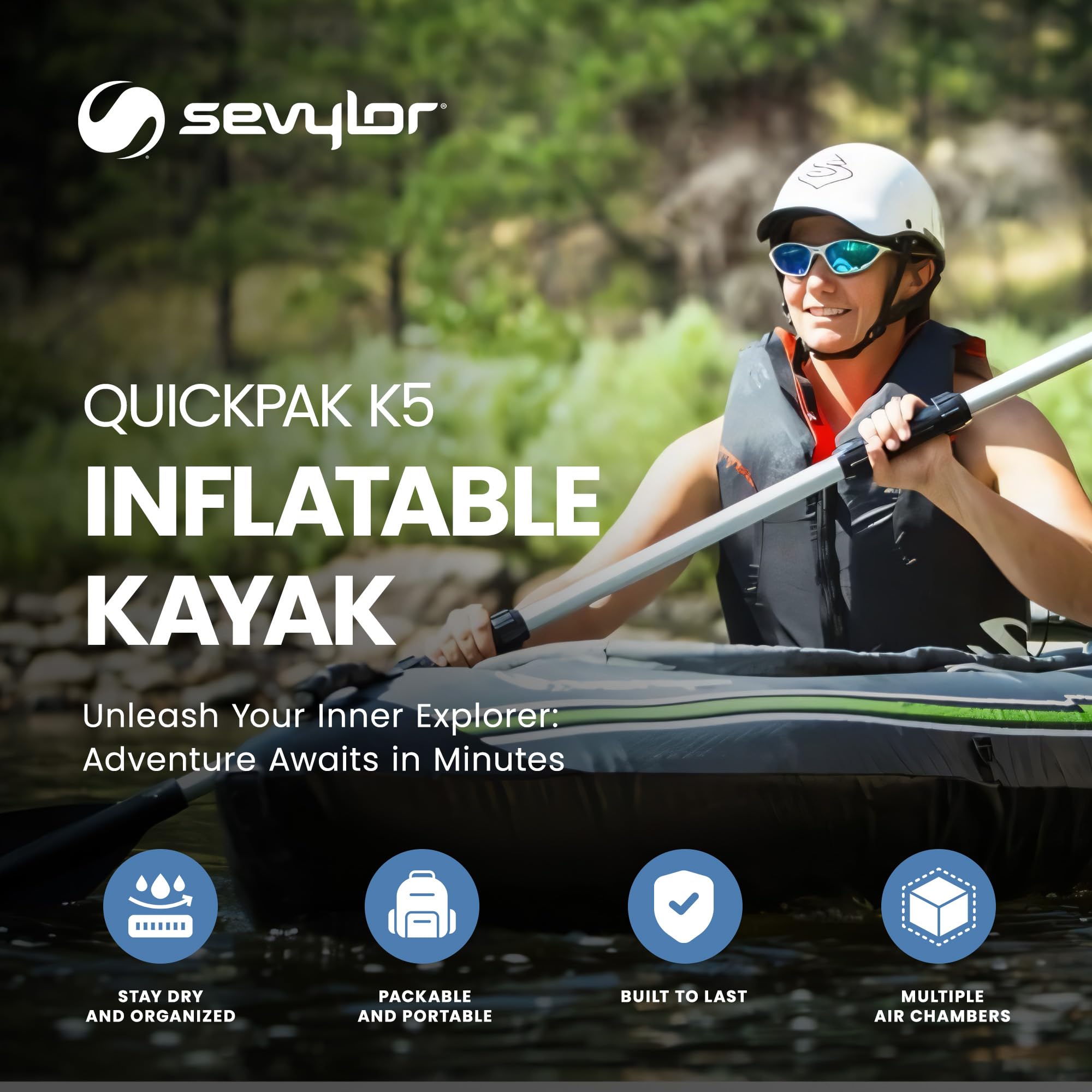 QuickPak Sevylor K5 24 Gauge PVC Polyester 1 Person Inflatable Kayak w/Hand Pump, Paddle, Double Lock Valves and Easy To Carry Backpack System, Gray
