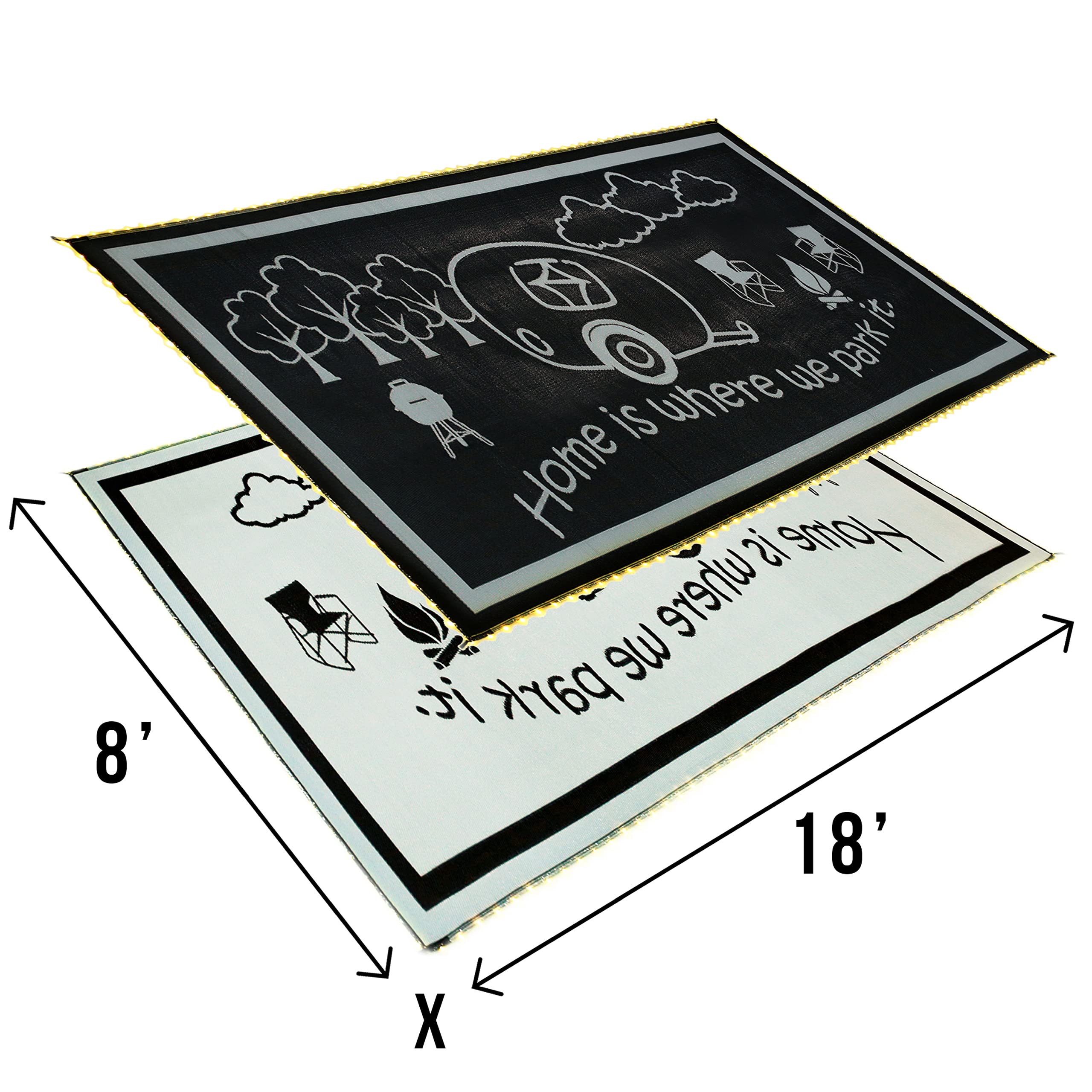 Stylish Camping LED Illuminated Border RV Home Mat, 8-Feet x 18-Feet, Black/White