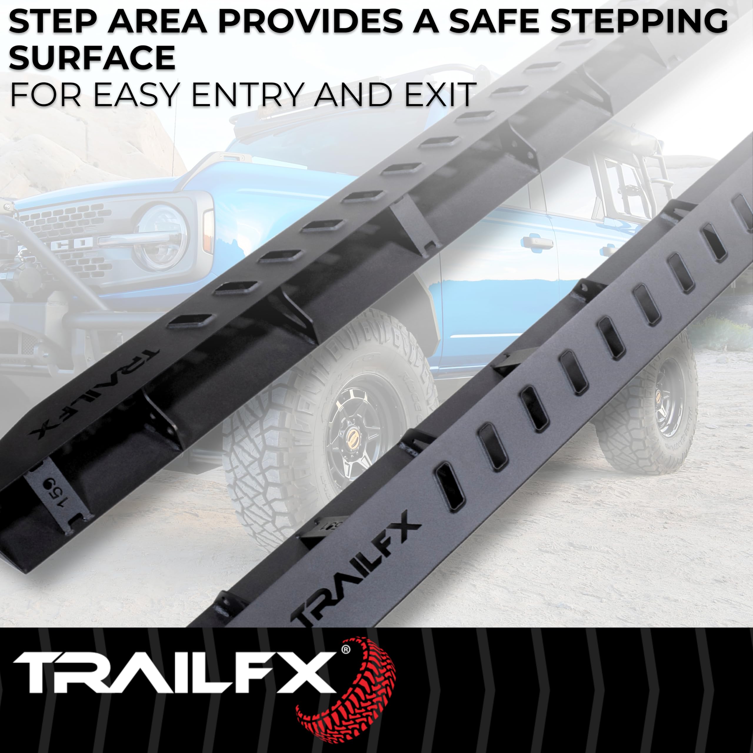 ORB016 TrailFX Running Board, 300 Lbs. Weight Capacity, Bolt On, Frame Body Mount Bolts, Powder Coated, Matte Black, Steel, with Two Step Area Per Bar, Fits 2024-2025 Ford Ranger
