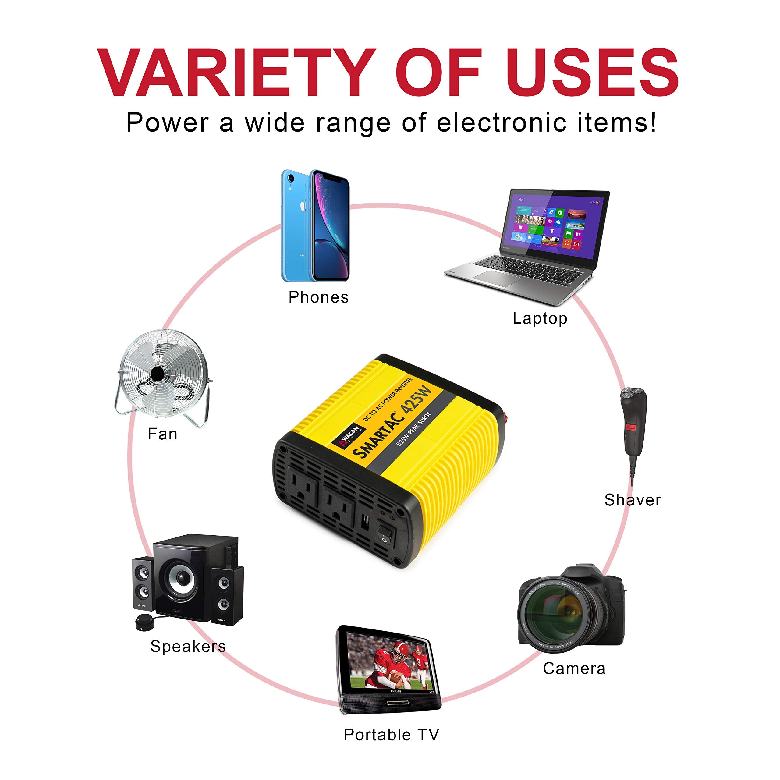 Wagan 425W EL3706 Power Inverter 425W TrueRated Continuous 825W Surge PowerAC to DC 12V to 110V AC Inverter with 2 AC Outlets and 2A USB Charging Port