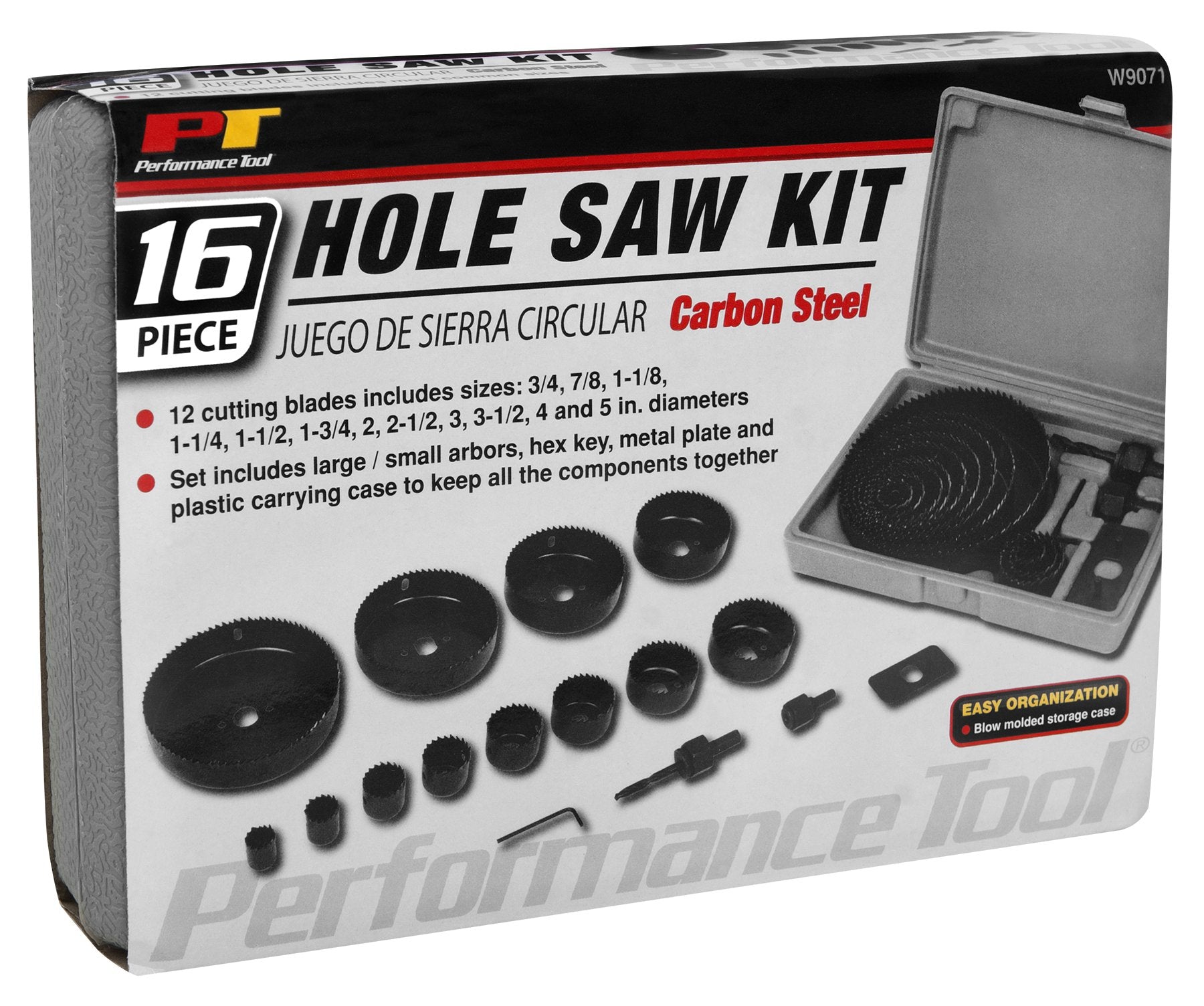 W9071 Performance Tool 16-Piece Carbon Steel Hole Saw Set - Durable Blades in 12 Sizes, with Arbors, Hex Key, and Carrying Case