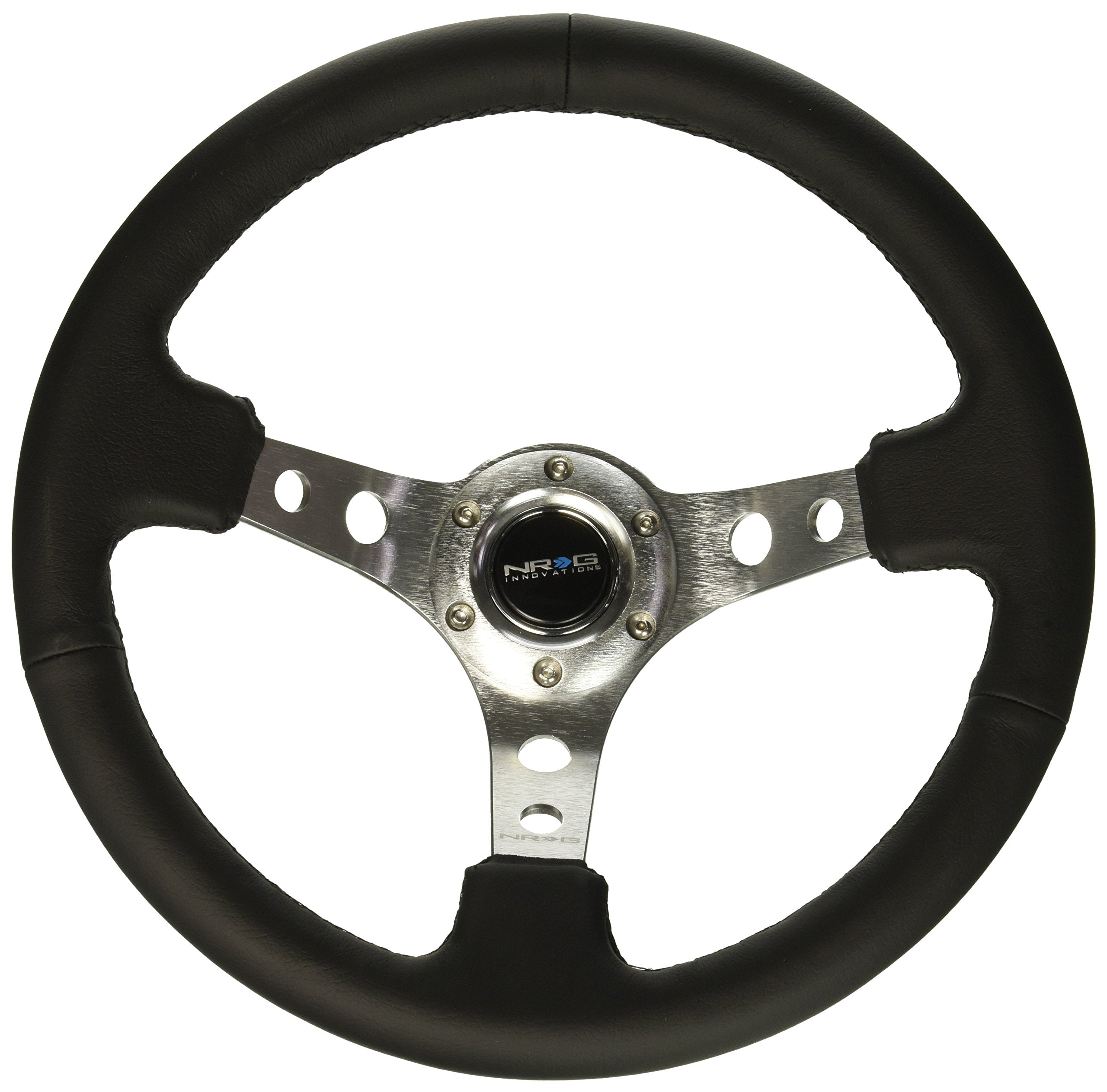 NRG Innovations Reinforced NRG-RST-006SL Steering Wheel 350mm Sport Steering Wheel (3" Deep), Silver Spoke with Round Holes, Black Leather