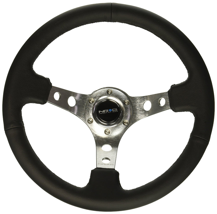 NRG Innovations Reinforced NRG-RST-006SL Steering Wheel 350mm Sport Steering Wheel (3" Deep), Silver Spoke with Round Holes, Black Leather