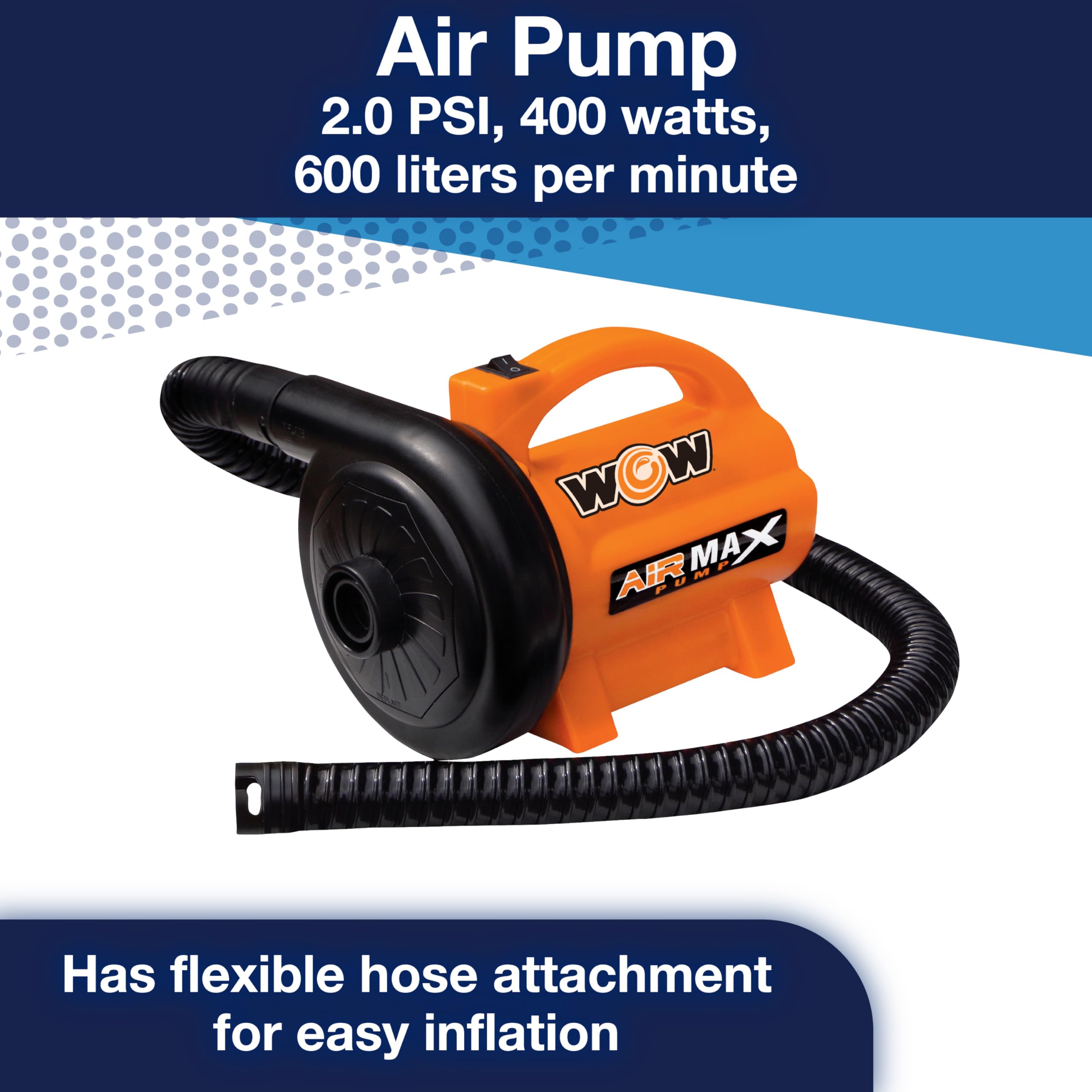 WOW Sports - Electric Air Pump High Pressure - 5 Universal Adapters - 120 Volt 600 Liter / Minute - Orange