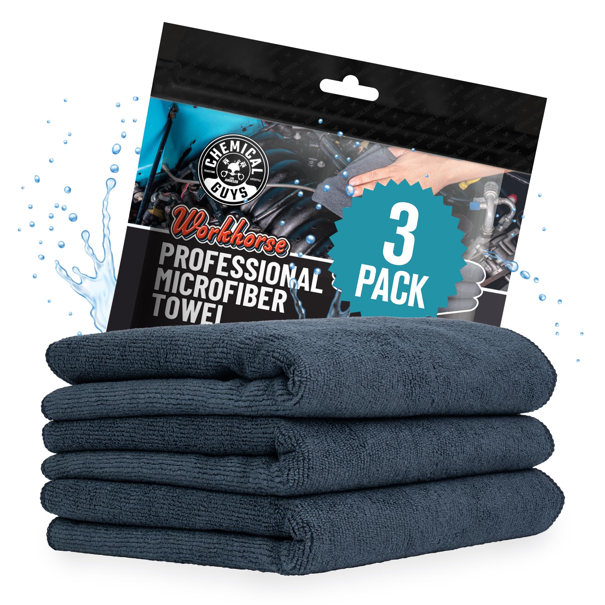 Chemical Guys Microfiber Towels Workhorse Professional Grade for Cars - Black 16x16 Inch Microfiber Cleaning Cloths for Home & Pet Drying, Soft & Scratch-Free, Washing, Drying & Cleaning, 3 Pack