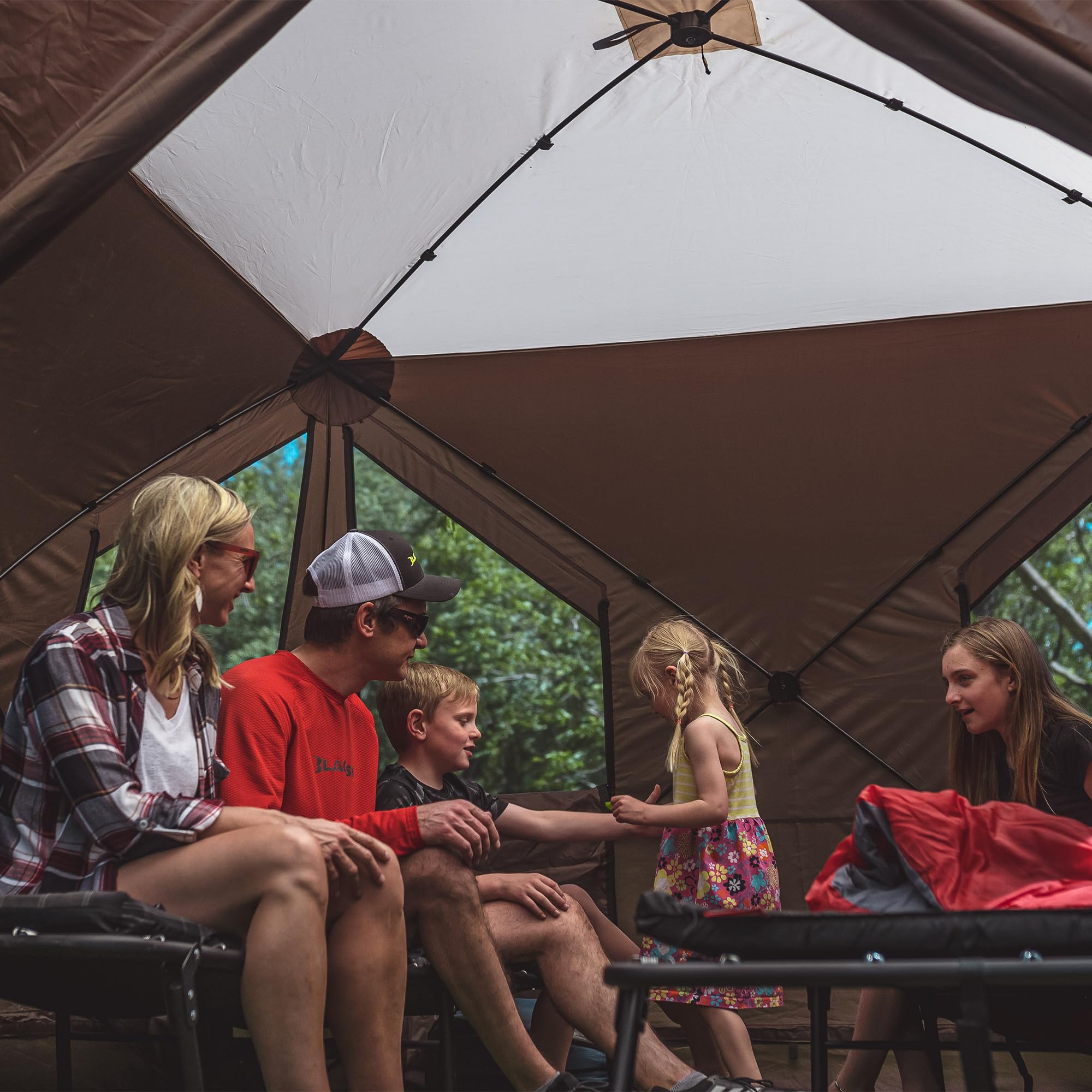 Clam Quick-Set Shelter Sky Screen – 8-Person Pop-Up Tent with Screened Roof for Airflow & Stargazing, 140" x 140", Brown, Instant Setup, Oversized Carry Bag – Camping, Tailgating, Outdoor Use