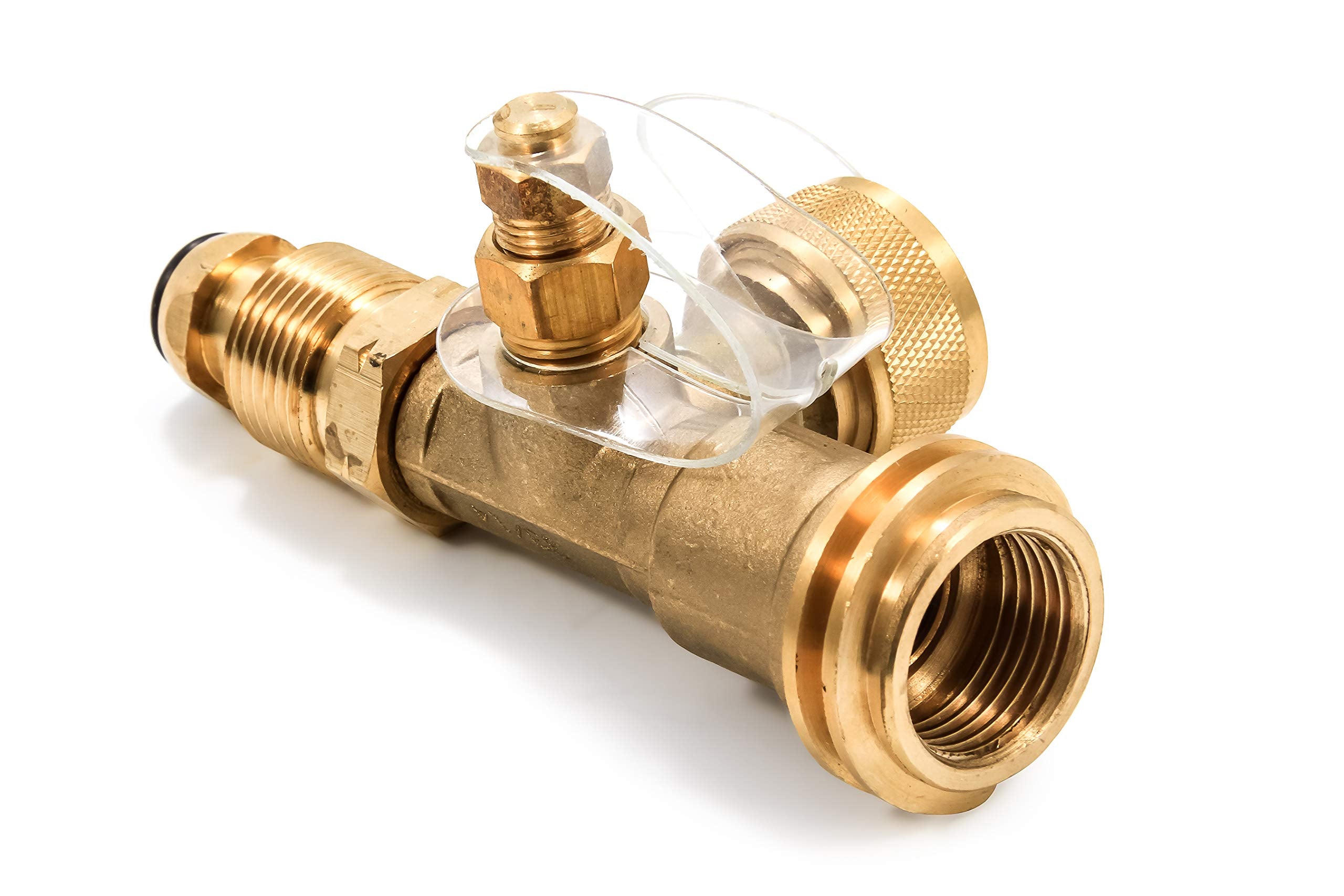 Camco Brass Tee RV Propane – 4-Port Adapter for Motorhomes with Permanent Tank, Acme & POL Threads, Auxiliary Cylinder & Appliance Hookup (59113)