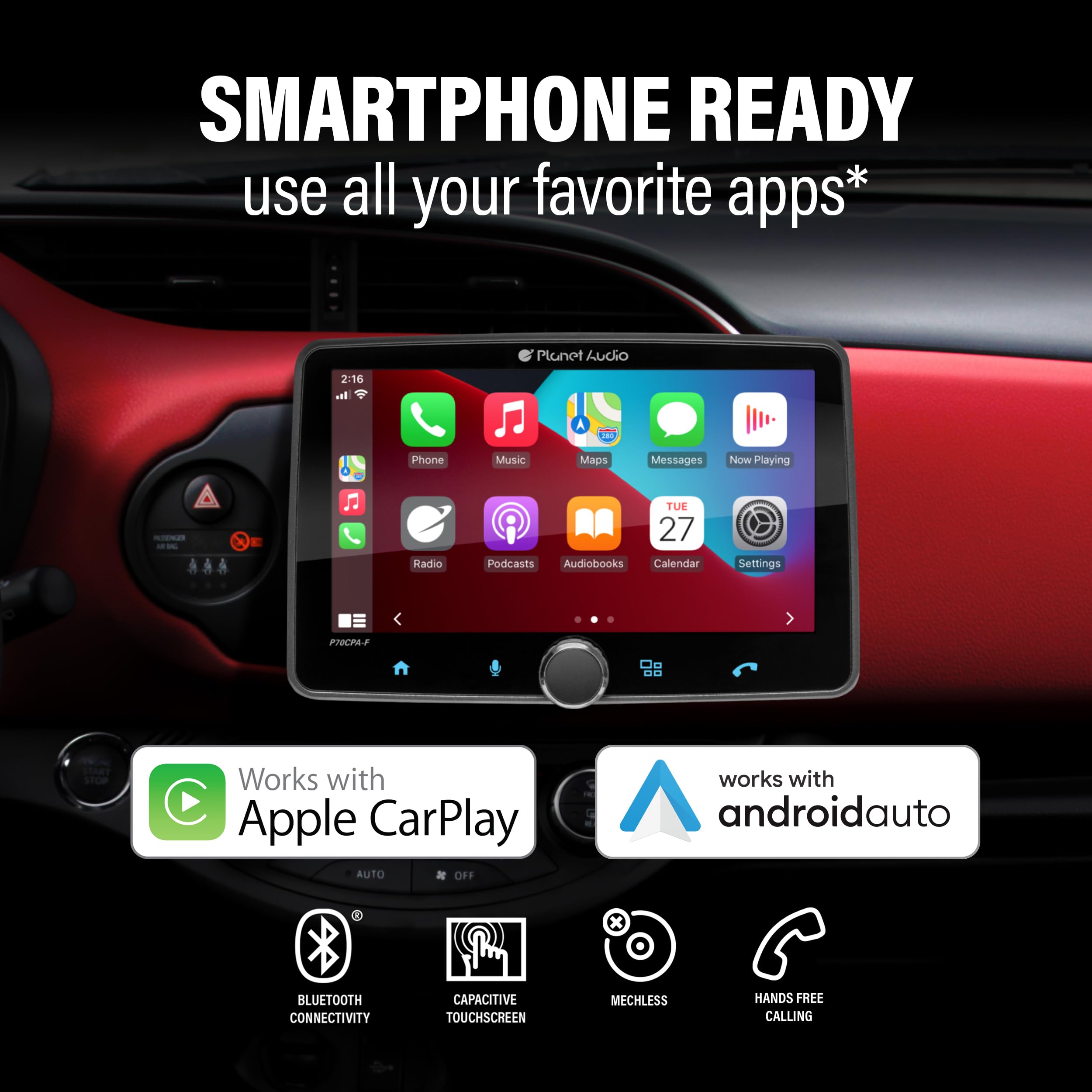 Car Stereo Planet Audio P70CPA-CF - Apple CarPlay, Android Auto, Single Din, 7 Inch Touchscreen, Bluetooth, No CD DVD Player, AM/FM Radio Receiver, Backup Camera