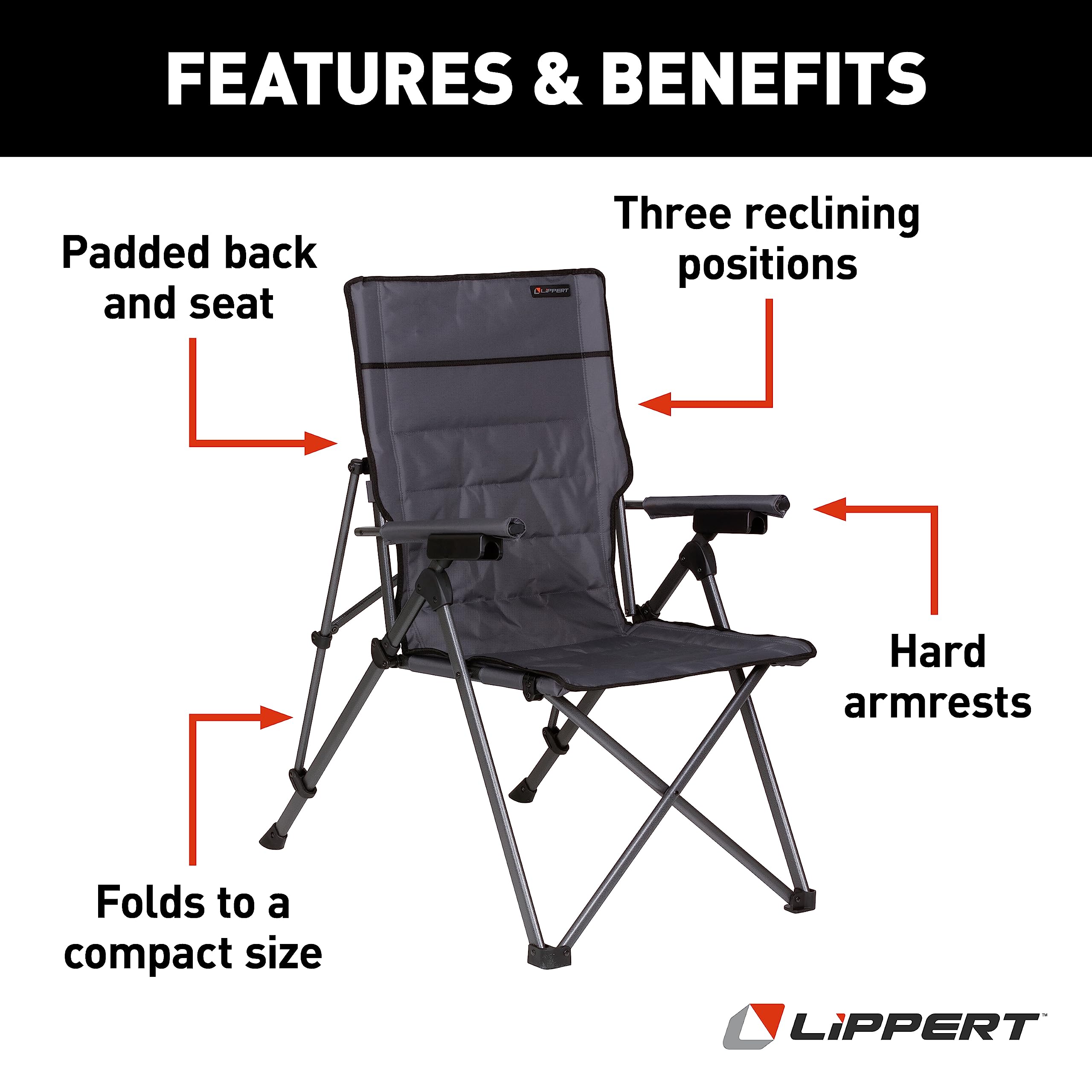 Sun Soaker Lippert Three-Position Reclining Camping Chair with 600D Polyester Fabric, Padded Back/Seat, Steel Frame Construction, 250-lb. Weight Capacity, Dark Grey Color - 2022120581