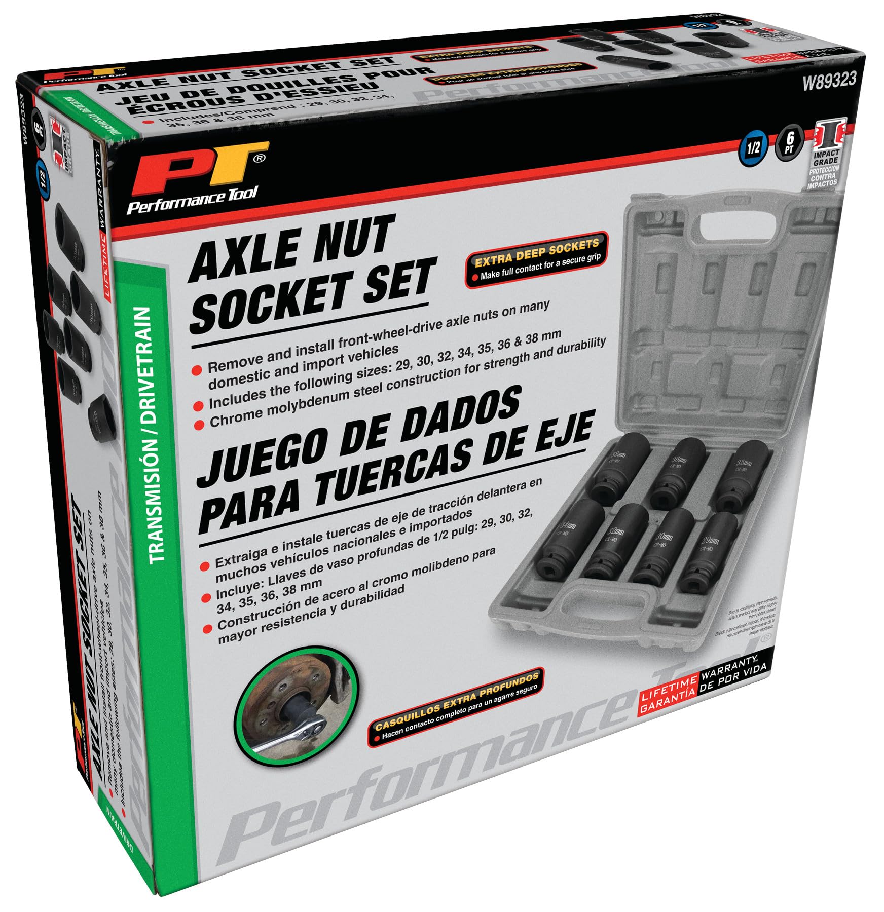 Axle Nut Socket Set Performance Tool W89323, 1/2" Drive (7 Pieces) - Chrome Molybdenum Steel, Extra-Deep Sockets, Fits Various Domestic and Import Vehicles, Storage Case Included