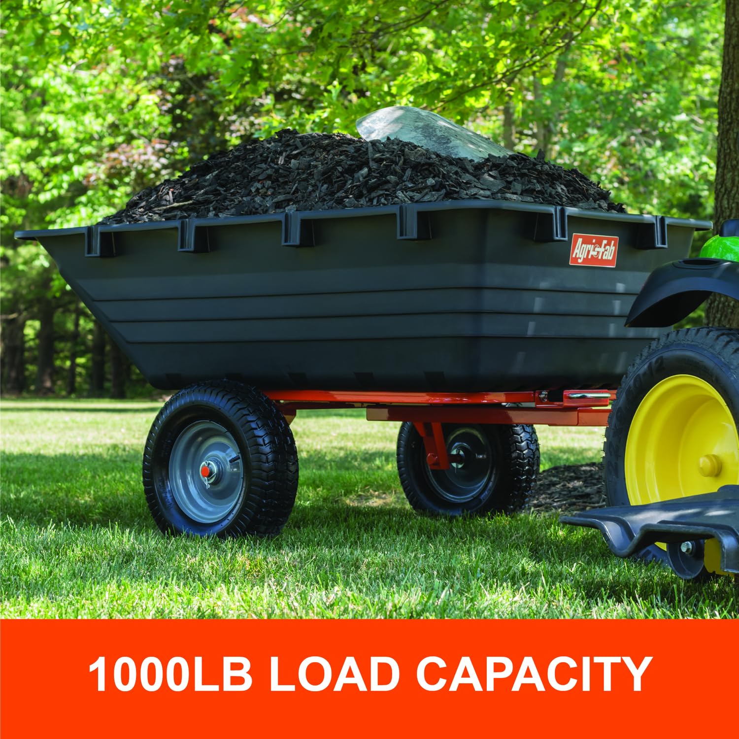 1,000-Pound Capacity Agri-Fab 45-0553 Poly Swiveling Tow Behind Dump Cart, 18 Cubic Feet Capacity, 80 Degree swiveling, 52 Degree Dumping, 16-Inch x 6.5-Inch Pneumatic Turf Tread Tires
