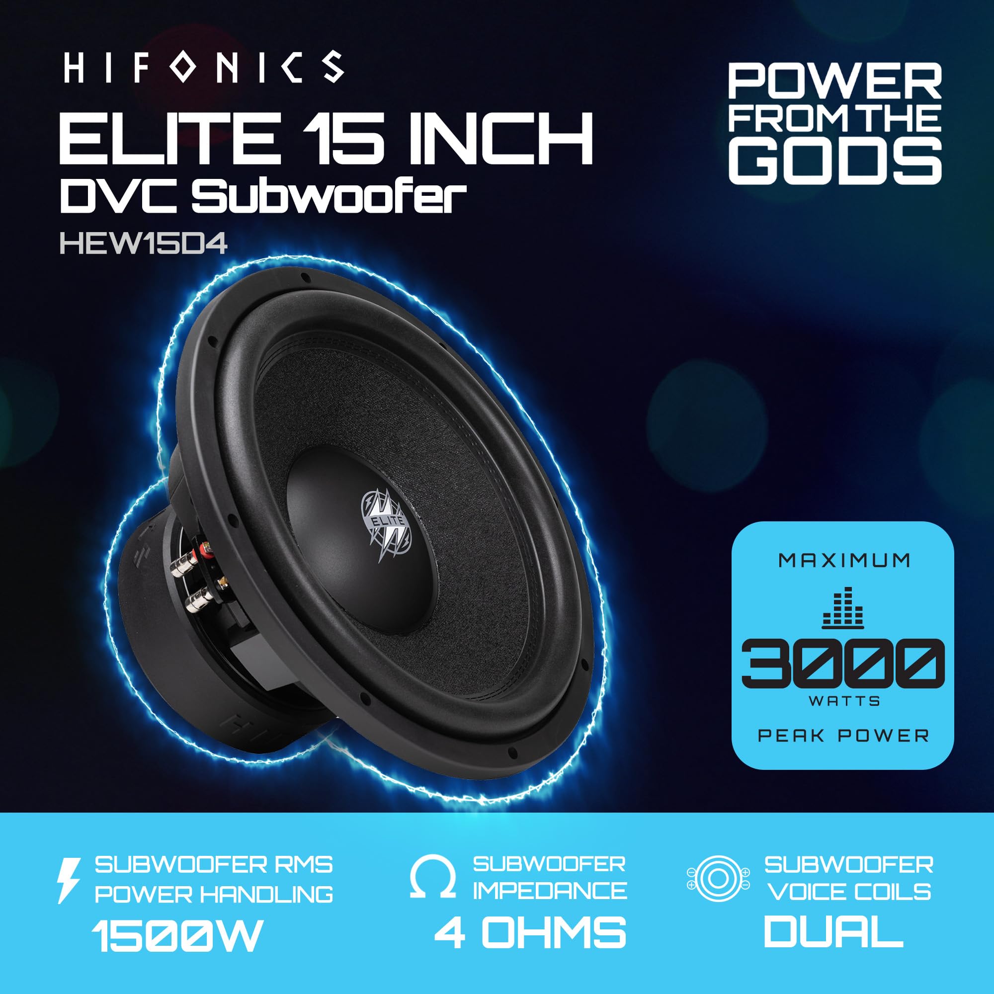 15 Inch Hifonics Elite Car Mount Subwoofer with Dual 4 Ohm Voice Coil Speaker 3000 Watt Peak Power Mobile Amplifier System, Black