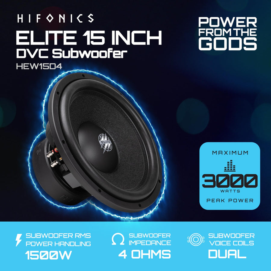 15 Inch Hifonics Elite Car Mount Subwoofer with Dual 4 Ohm Voice Coil Speaker 3000 Watt Peak Power Mobile Amplifier System, Black