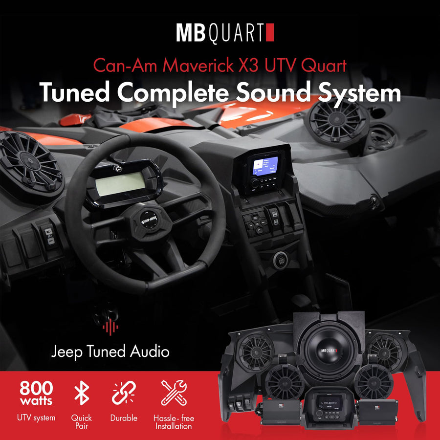 Stage 5 MB Quart 1800 Watt Can Am X3 Tuned, Premium Complete Audio Car Speakers Sound System Utility Terrain Vehicles, Off Road, Black
