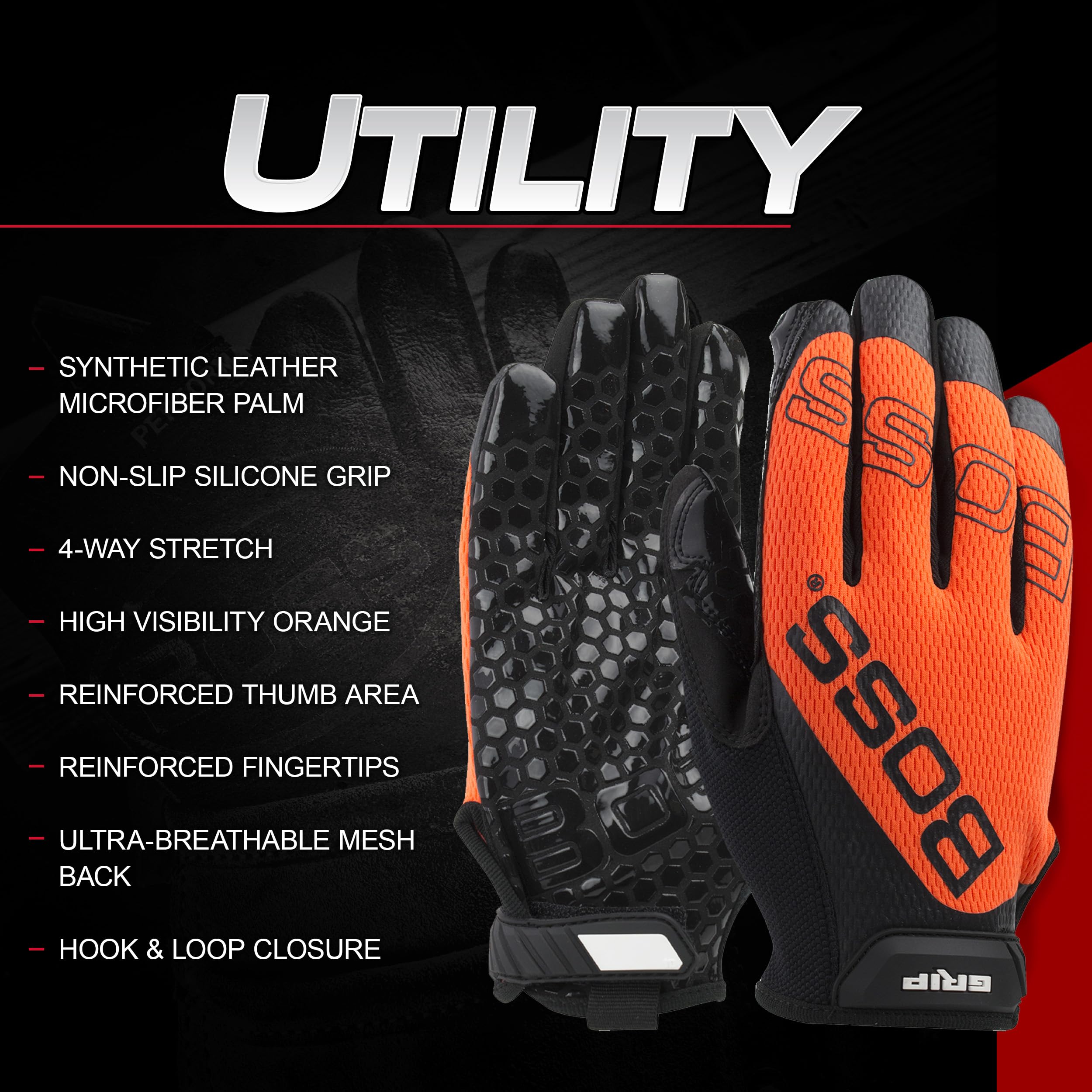 Boss High Visibility Men's Synthetic Microfiber with Silicone Grip Safety Work Gloves, Mesh Back, Non-Slip Grip, Touchscreen, High Dexterity, Orange/Black, Large, (120-MG1240T/L)