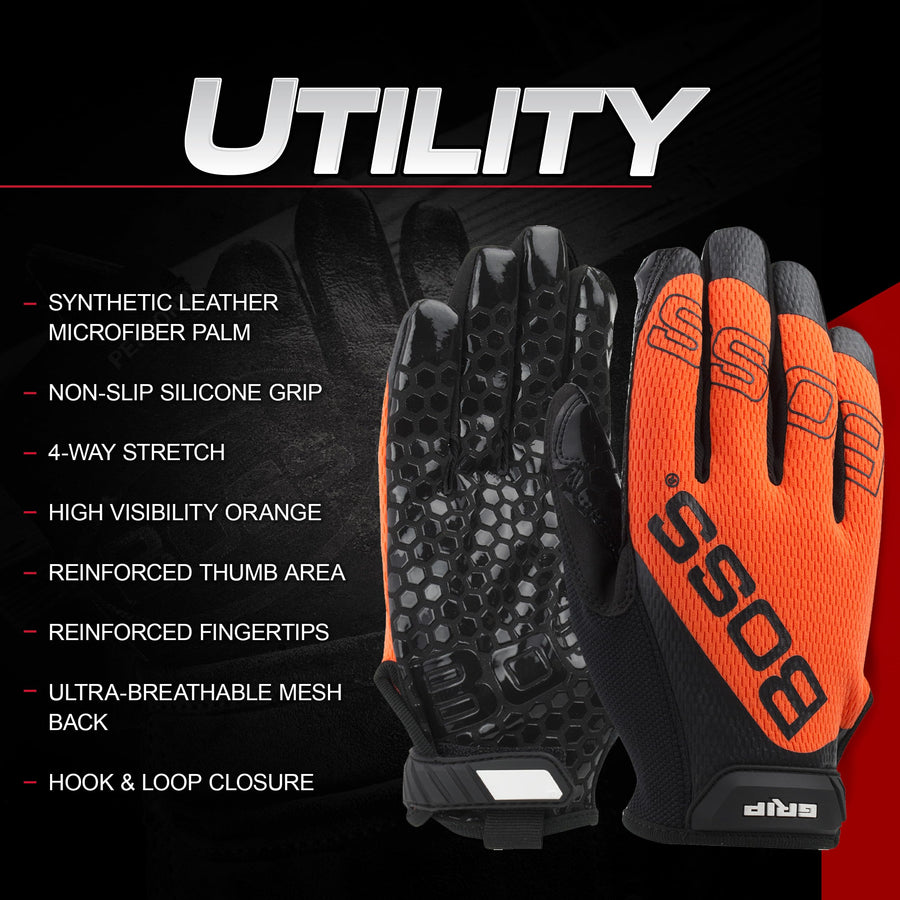 Boss High Visibility Men's Synthetic Microfiber with Silicone Grip Safety Work Gloves, Mesh Back, Non-Slip Grip, Touchscreen, High Dexterity, Orange/Black, Large, (120-MG1240T/L)
