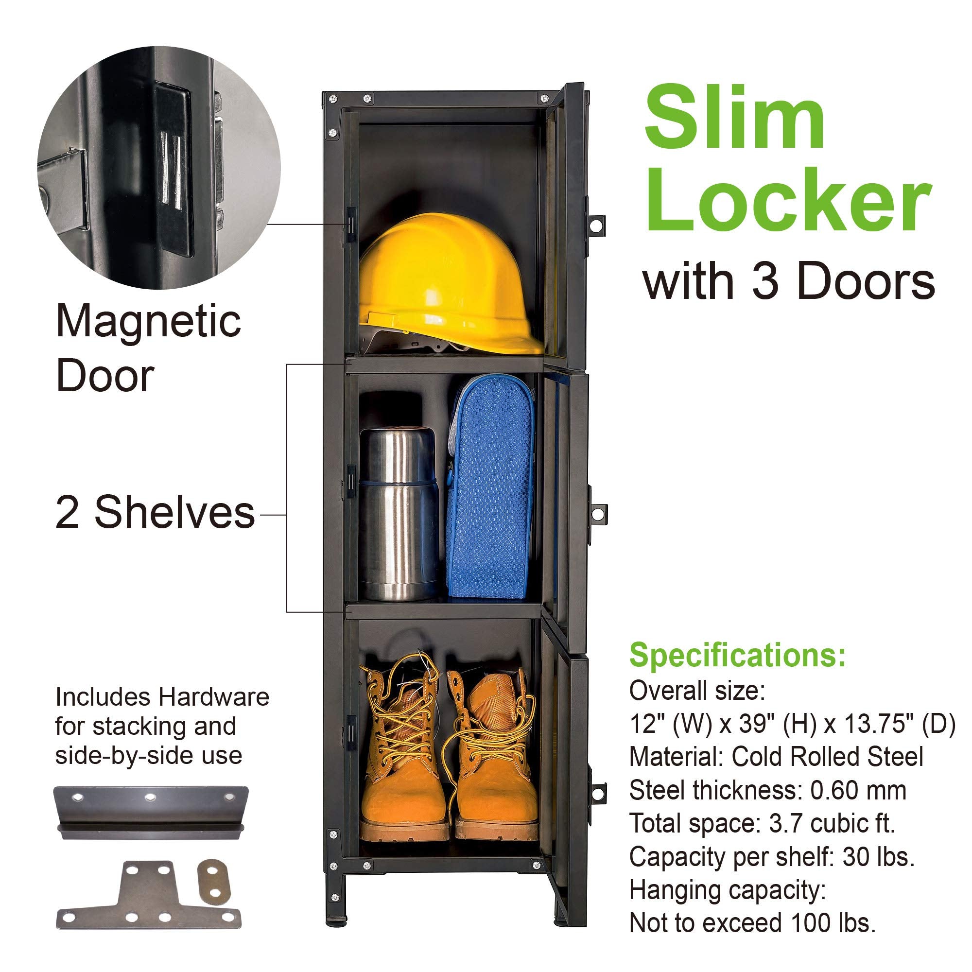 Metal Storage Locker Allspace, Slim Organizer Steel Cabinet, Lockable 3 Doors, 39" Height, Stackable for Home, Office, Gym, Kids Room-Grey 450112ET, Black