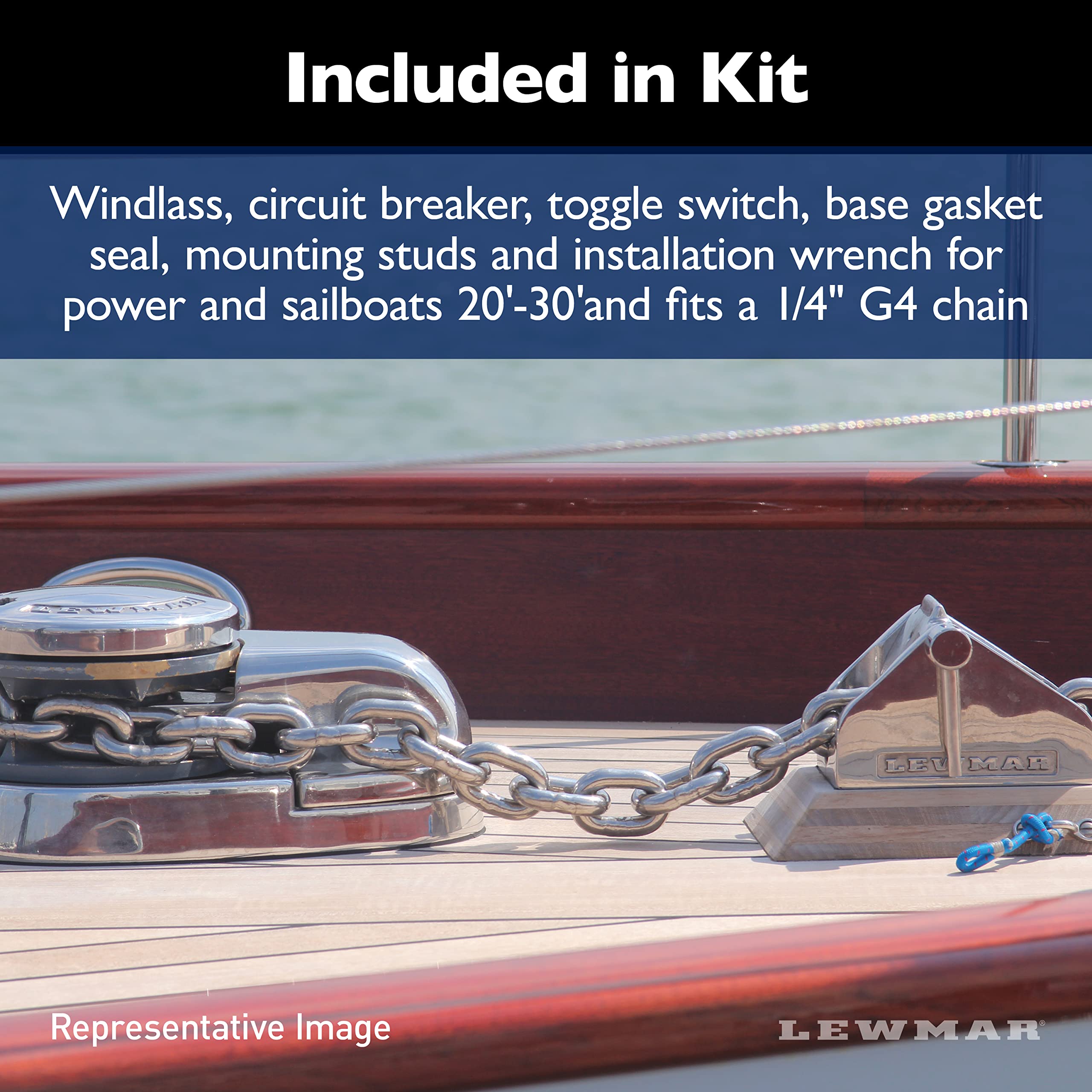 Lewmar 12V Pro Sport Windlass for 1/4" G4 Chain, Manual Freefall, Maximum pull 550 lbs., Port Side Mounted Gypsy, for Boats 20'-30' - 2020201167