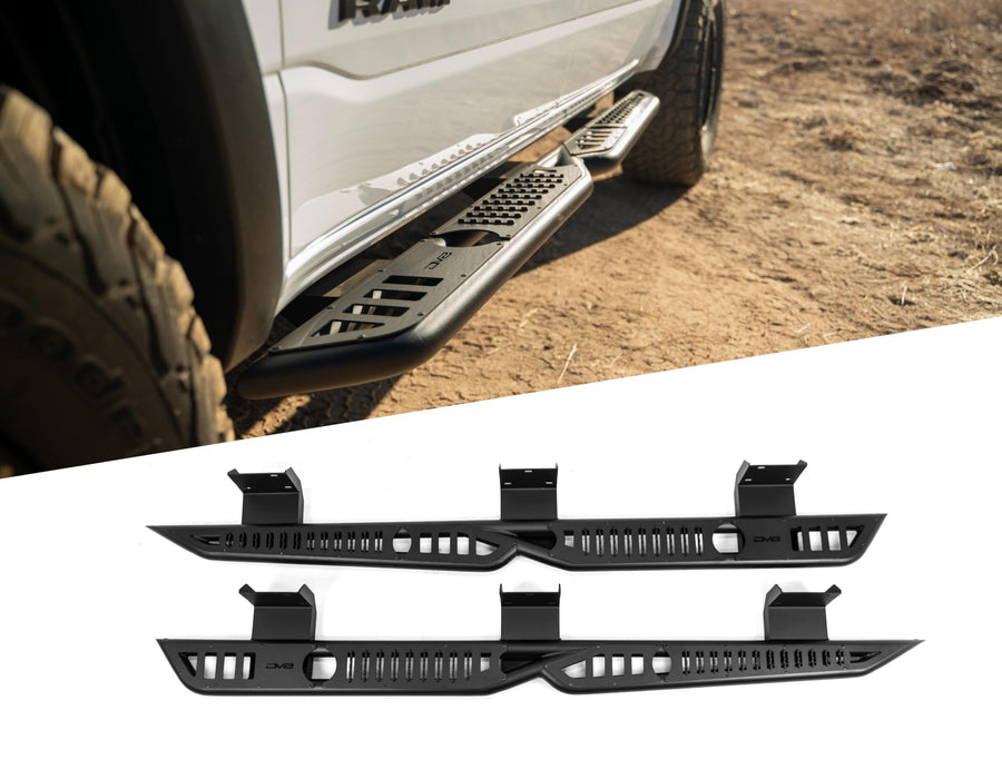 OE Plus DV8 Offroad Side Steps for 2019-2024 RAM 1500 Crew Cab | Anti-Slip Design | Provides Protection from Light Trail Debris | Mounts to Body/Pinch Weld | Retains OEM Ground Clearance | Steel