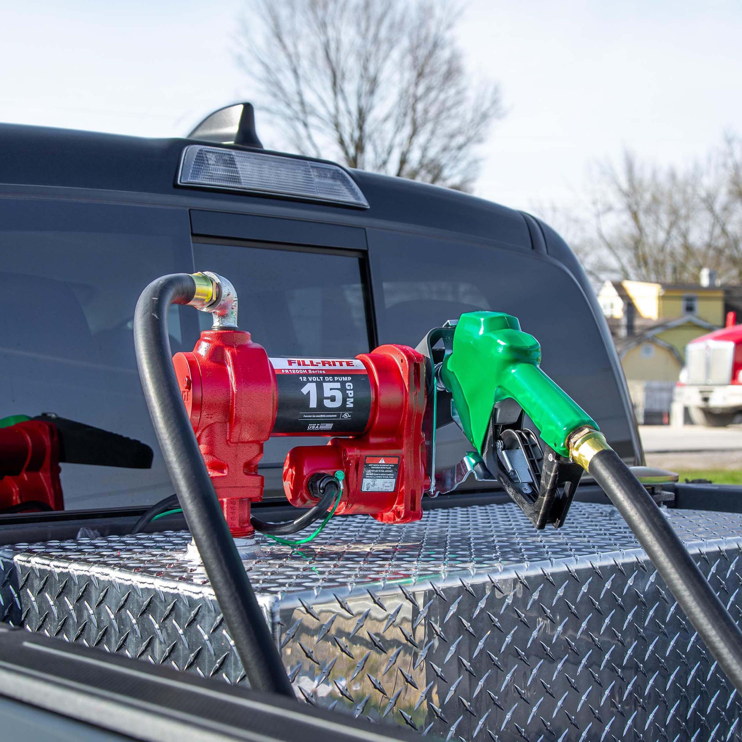 Fill-Rite 12V FR1210HA1 15 GPM Fuel Transfer Pump with Discharge Hose & Automatic Nozzle, Green - Gasoline, Diesel, Kerosene, Ethanol & Methanol Blends & Biodiesel