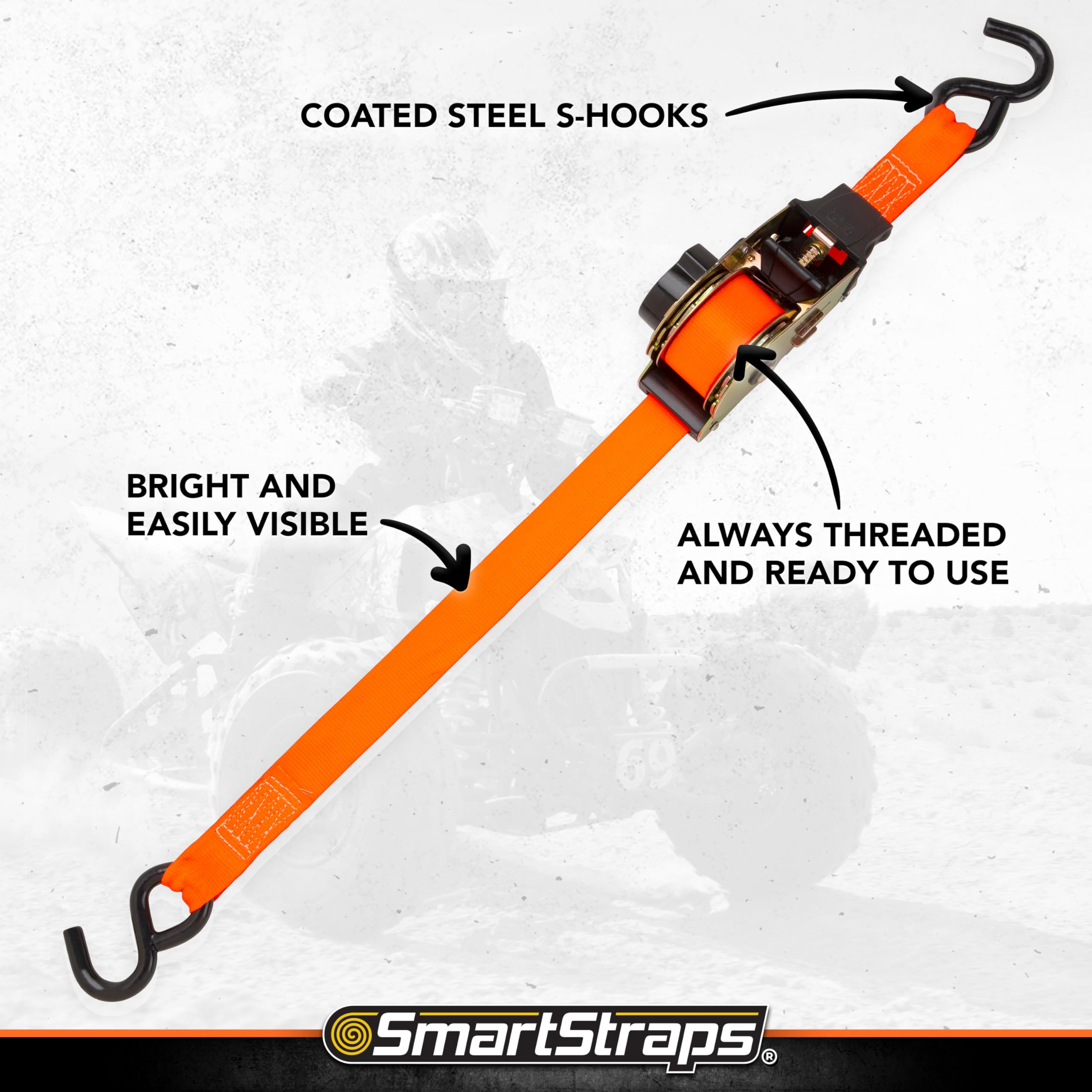 10’ SMARTSTRAPS Retractable Ratchet Straps, 2 Pack – 3,000lb Break Strength, 1,000lb Safe Work Load — Haul Motorcycles, Boats, and Appliances with Patented Technology Heavy Duty Ratchet Straps
