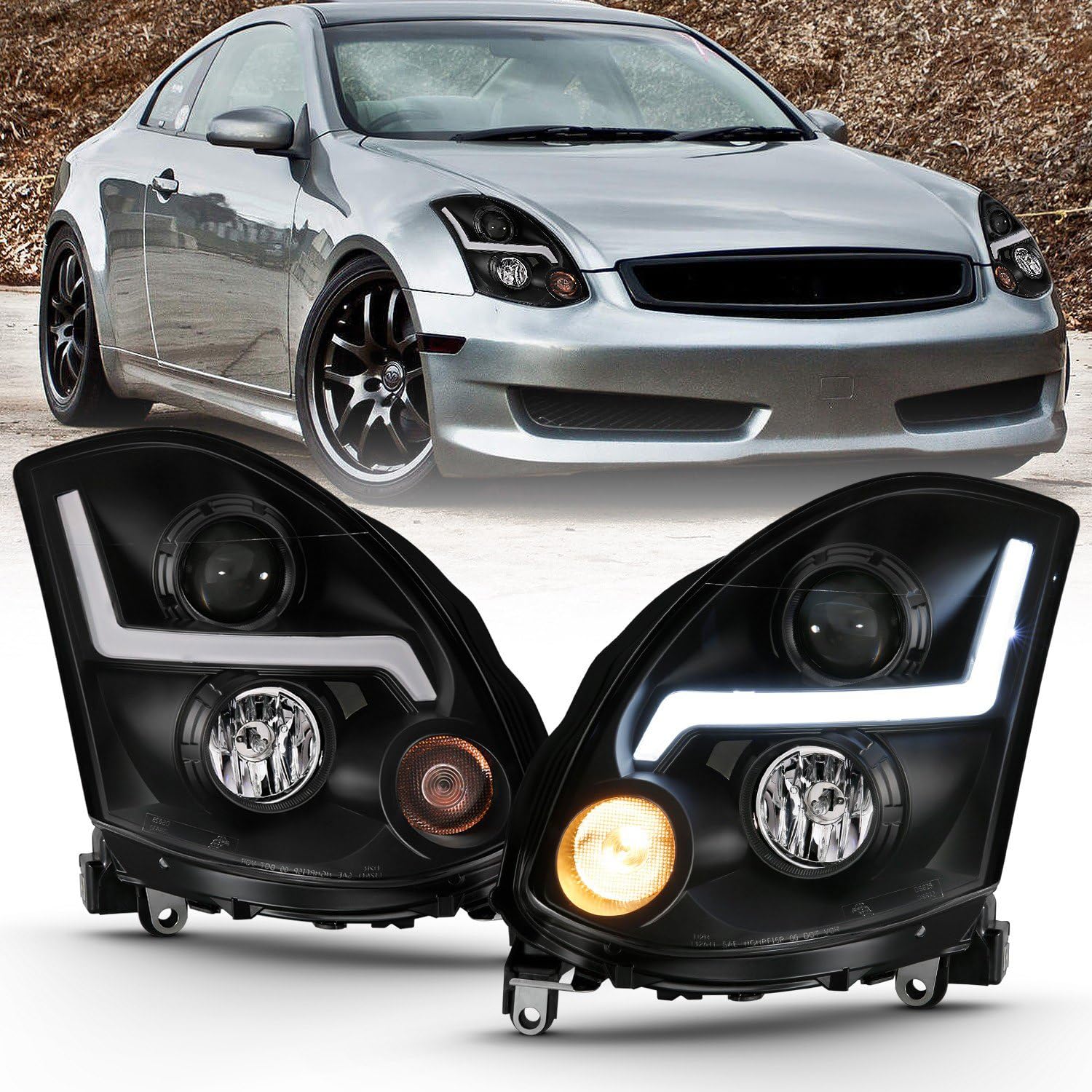 2003-2007 Infiniti G35 ANZO (121557) Projector Headlight Plank Style Black (HID Compatible, No HID Kit)