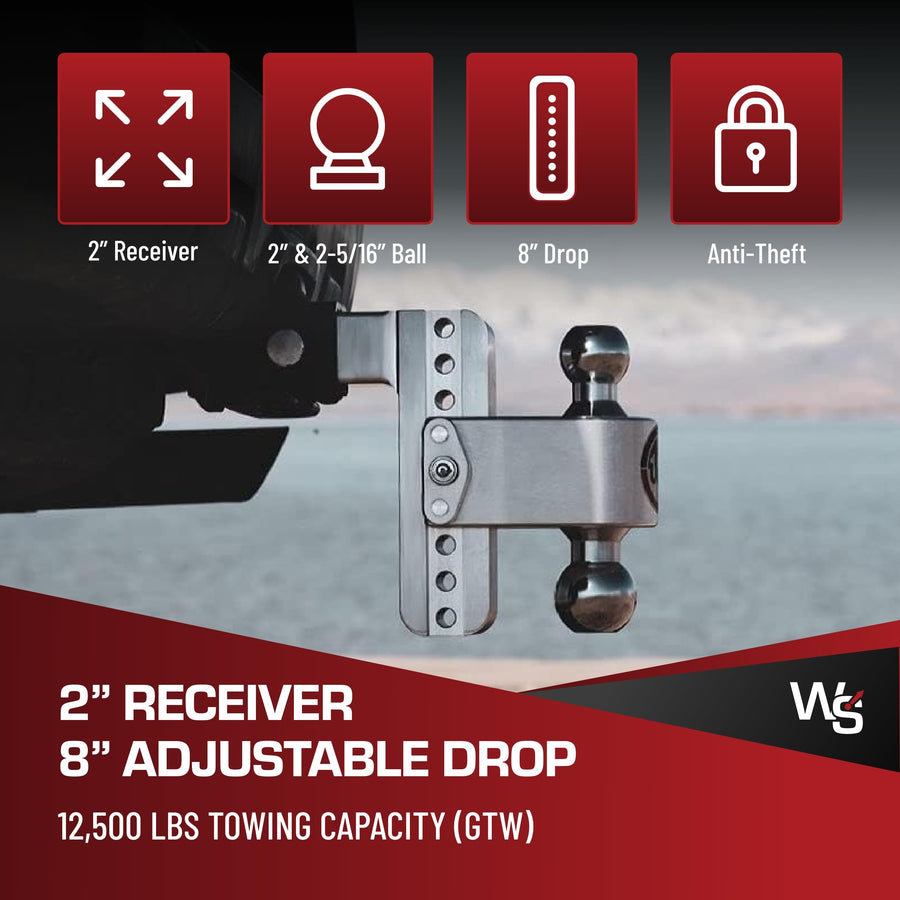 Weigh Safe 180 Hitch - Adjustable Hitch Trailer Ball Mount - 8" Adjustable Drop Hitch for 2" Receiver - Heavy Duty Aluminum Trailer Tow Hitch w/ Chrome Plated Tow Balls (2" & 2 5/16") - 12,500 GTW