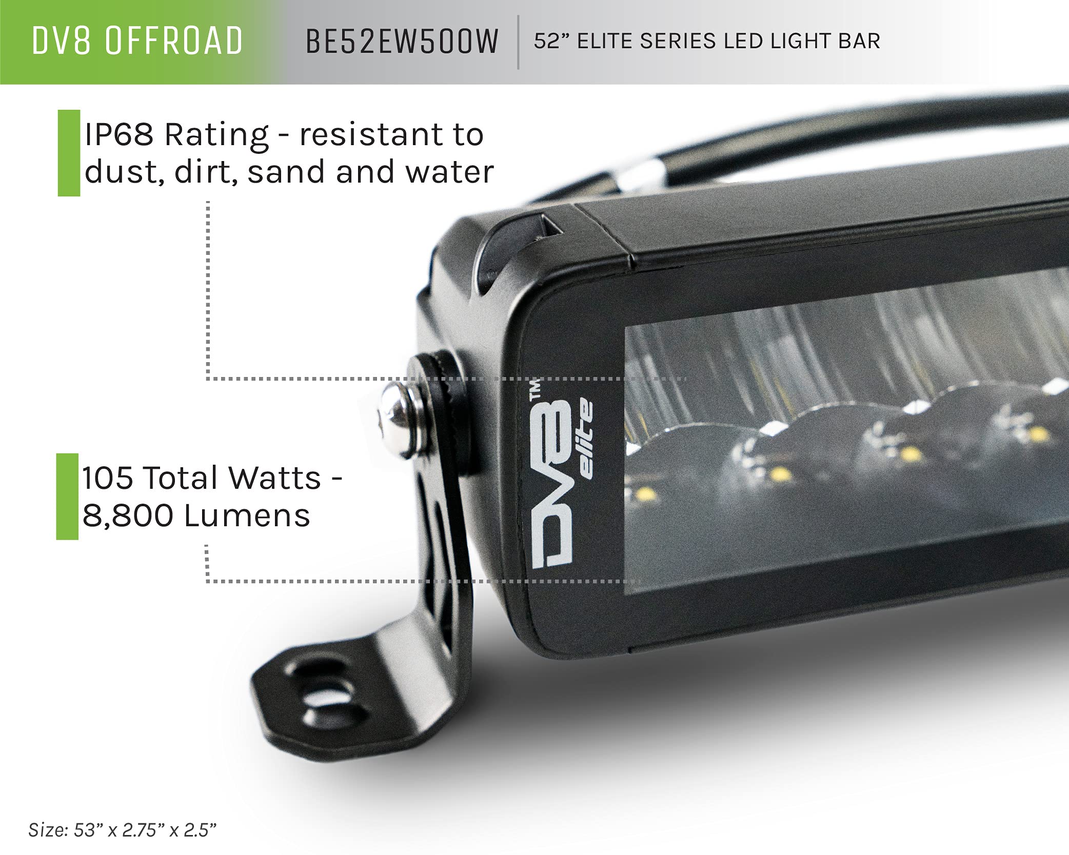 LED Light Bar | DV8 Offroad | 52" Dual Row | 42,000 Lumen from OSRAM LED's | Bezel-Less Housing w/Heat Fins | IP68 Rated UV Resistant Lens | Flood/Spot Pattern | Elite Series BE52EW500W