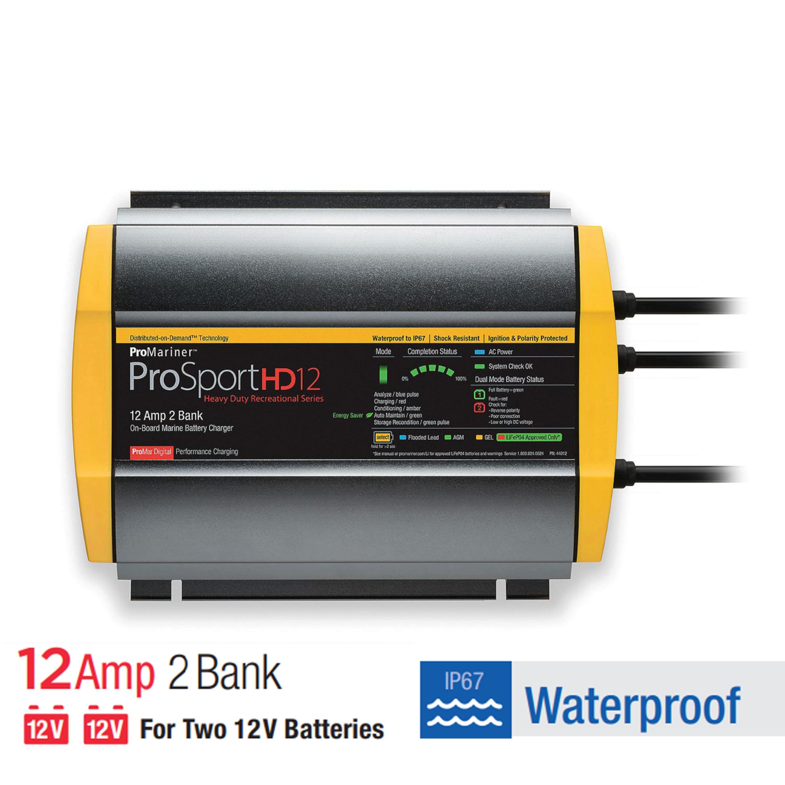 ProSport HD Waterproof Marine Battery Charger ProMariner 44012, 12 Amp, 2 Bank