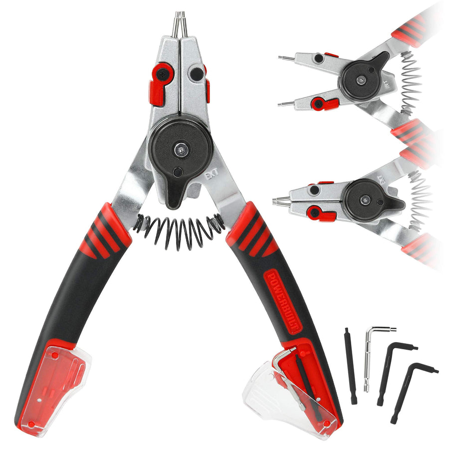 Powerbuilt Snap Ring Pliers with Internal External Combination Switch, Reversible, Remove and Install, Spring Loaded, Tips Included - Red 941336