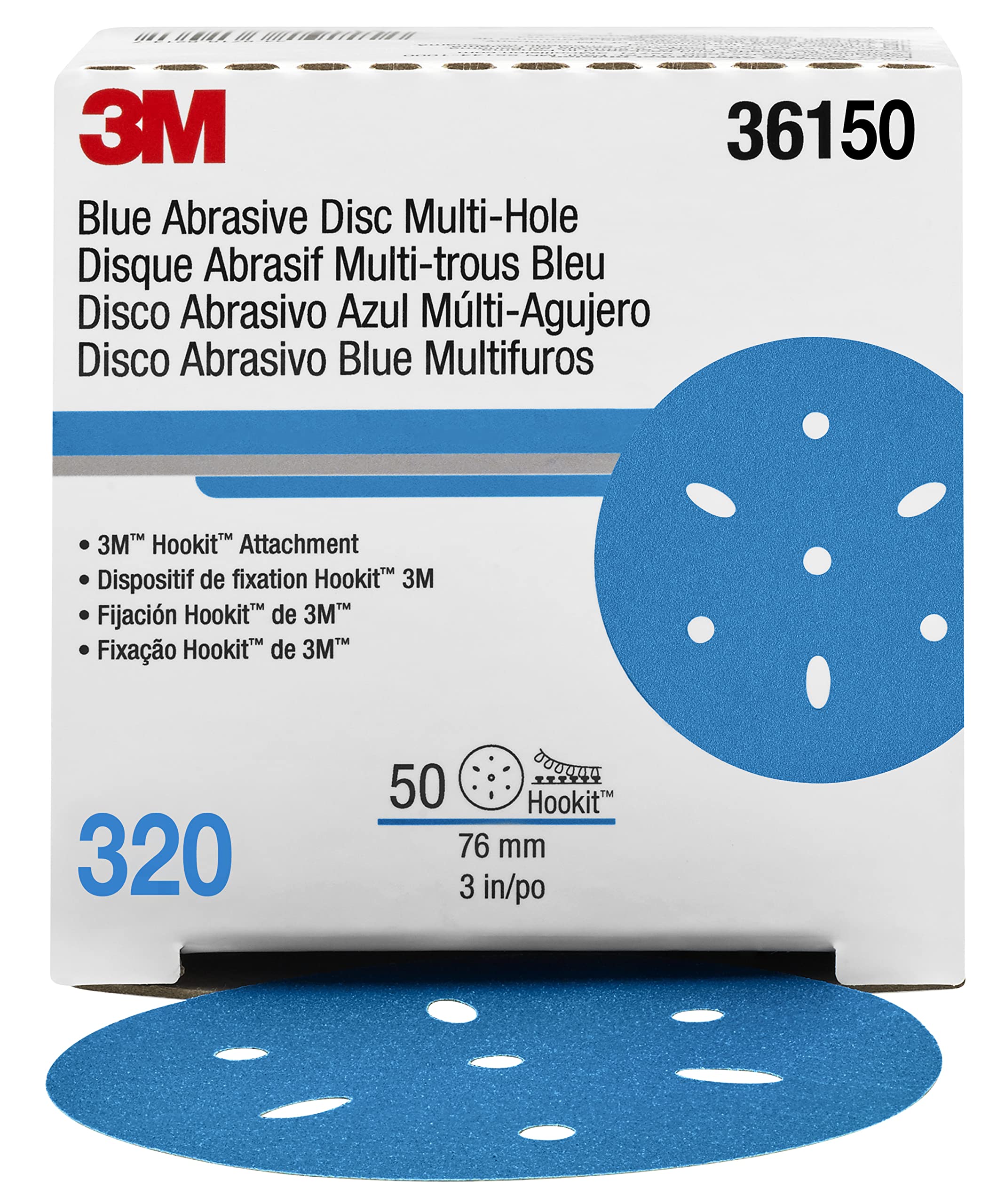 3M Hookit Blue Abrasive Disc AMAPR 321U Multi-hole, 36150, 3 in, 320, 50 discs per carton