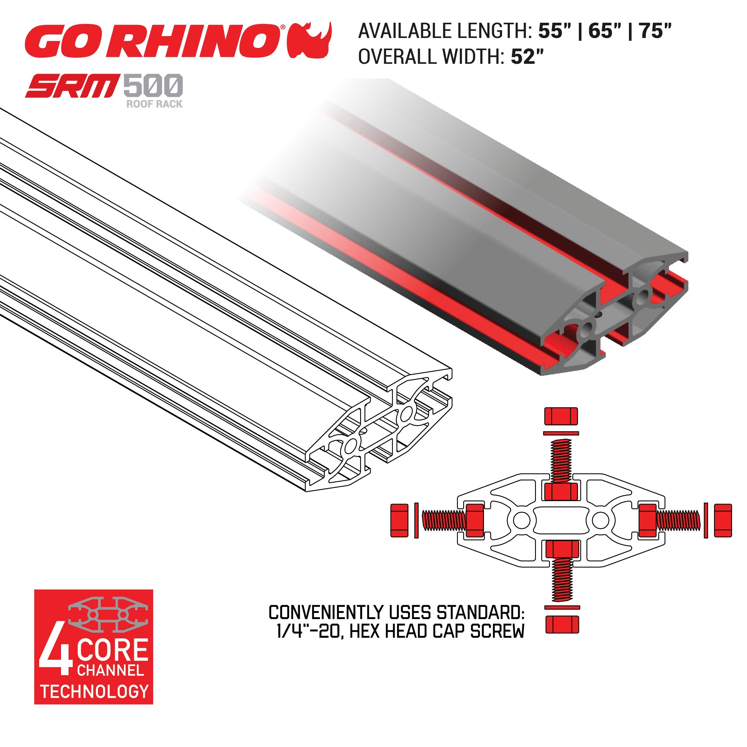 Go Rhino 500 SRM Flat Platform Roof Rack & Clamps | Aluminum, Textured Black, L: 55" x W: 52" | 5935055T | Mounts to Most Cross Bars