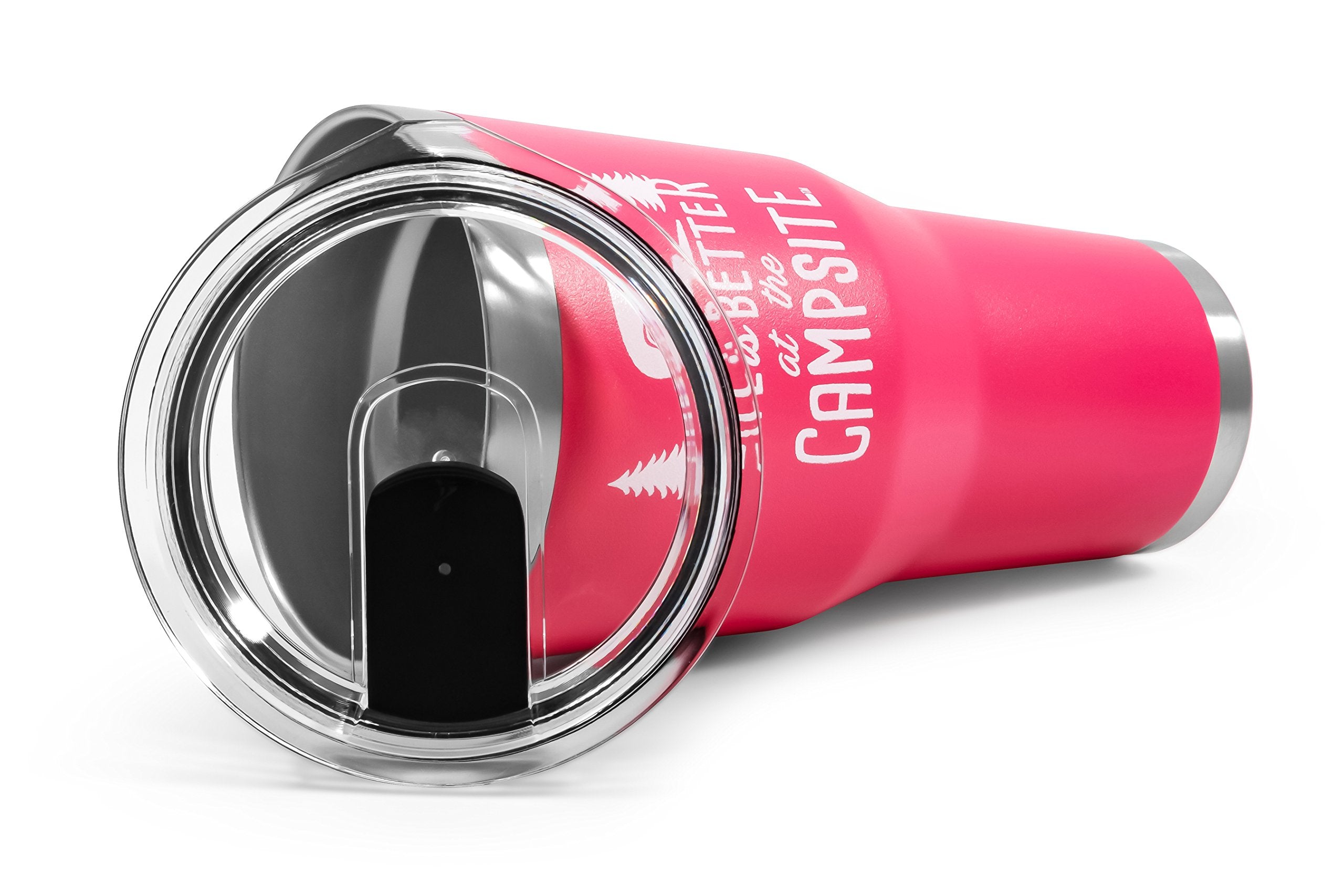 Camco Tumbler Life is Better at The Campsite | Heavy Duty Double Wall Vacuum Insulation | Crafted of 18/8 Stainless Steel | Unique “Life is Better at The Campsite” Design on Coral Pink | 30-oz (53062)