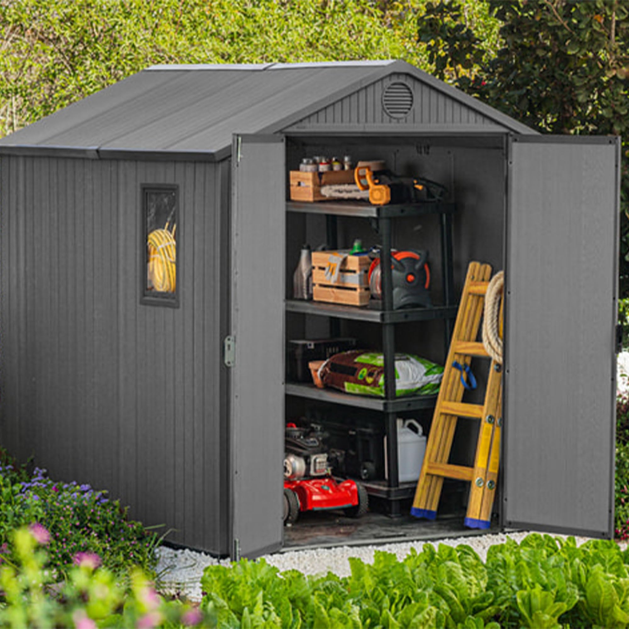 Keter Outdoor Tool Storage Shed, for House, Patio & Yard, Darwin, 6 x 8 Ft, Graphite Gray - Portable and Lockable Resin Utility Organizer for Backyard, Pool, Garden or Lawn Organization