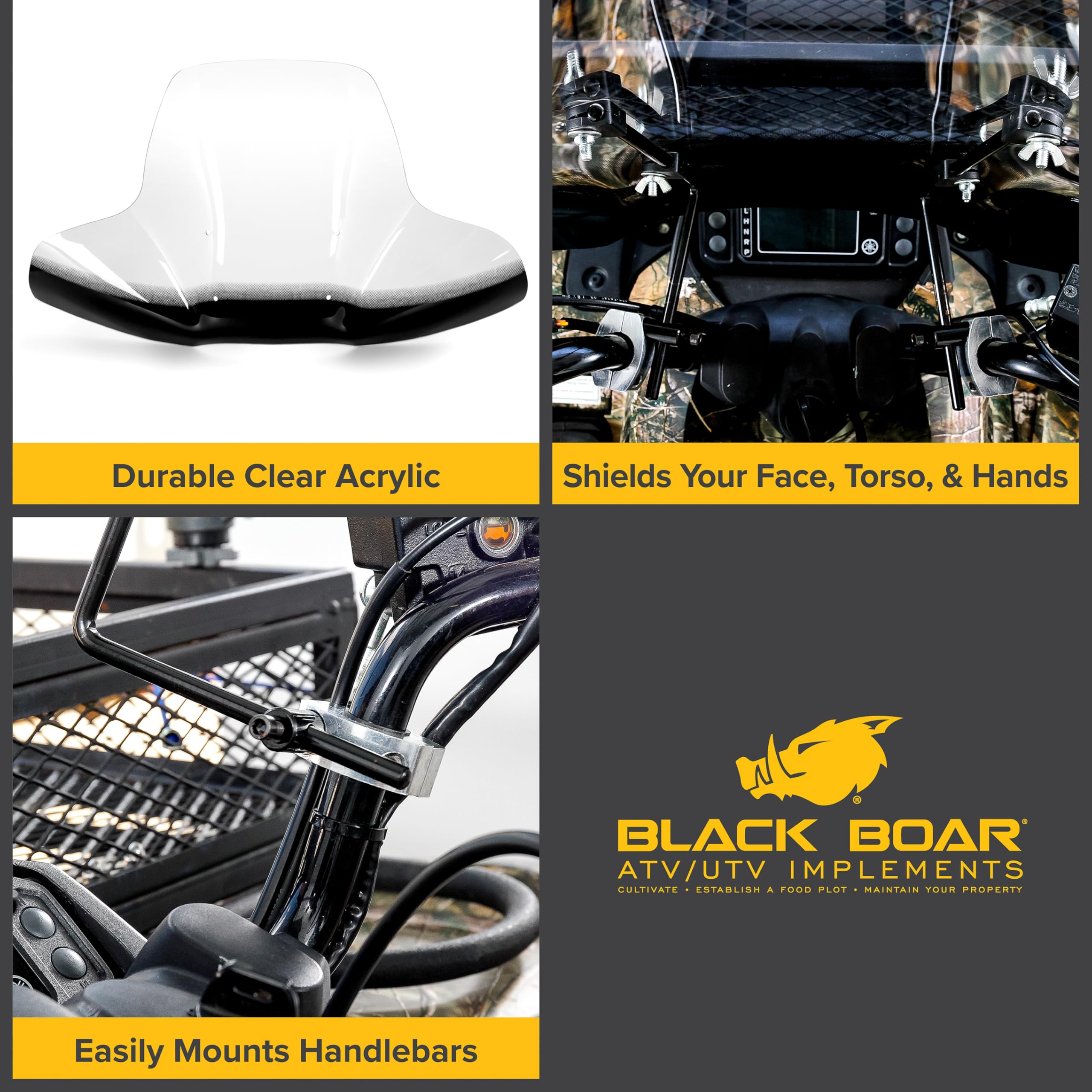 ATV Windshield Black Boar w/Hardware - Features Wrap-Around Design that Shields Hands - Crafted of Heavy Duty Clear Acrylic - Easily Mounts onto Handlebars to Deflect Wind, Rain, Mud & Insects (66031)