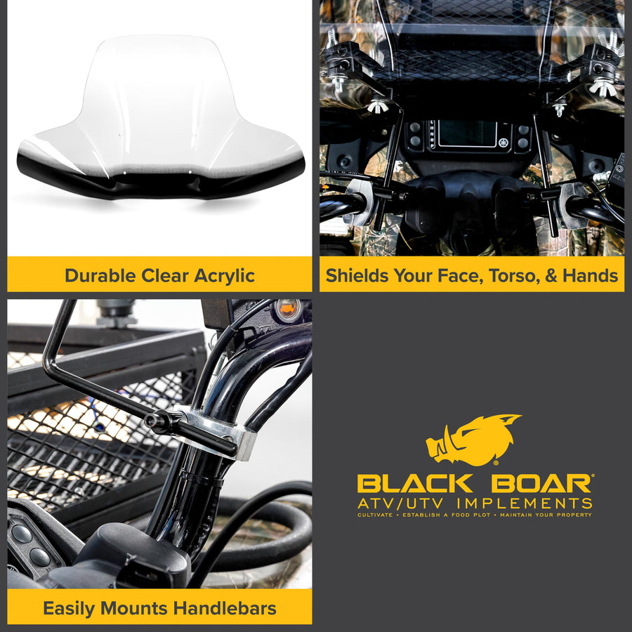 ATV Windshield Black Boar w/Hardware - Features Wrap-Around Design that Shields Hands - Crafted of Heavy Duty Clear Acrylic - Easily Mounts onto Handlebars to Deflect Wind, Rain, Mud & Insects (66031)