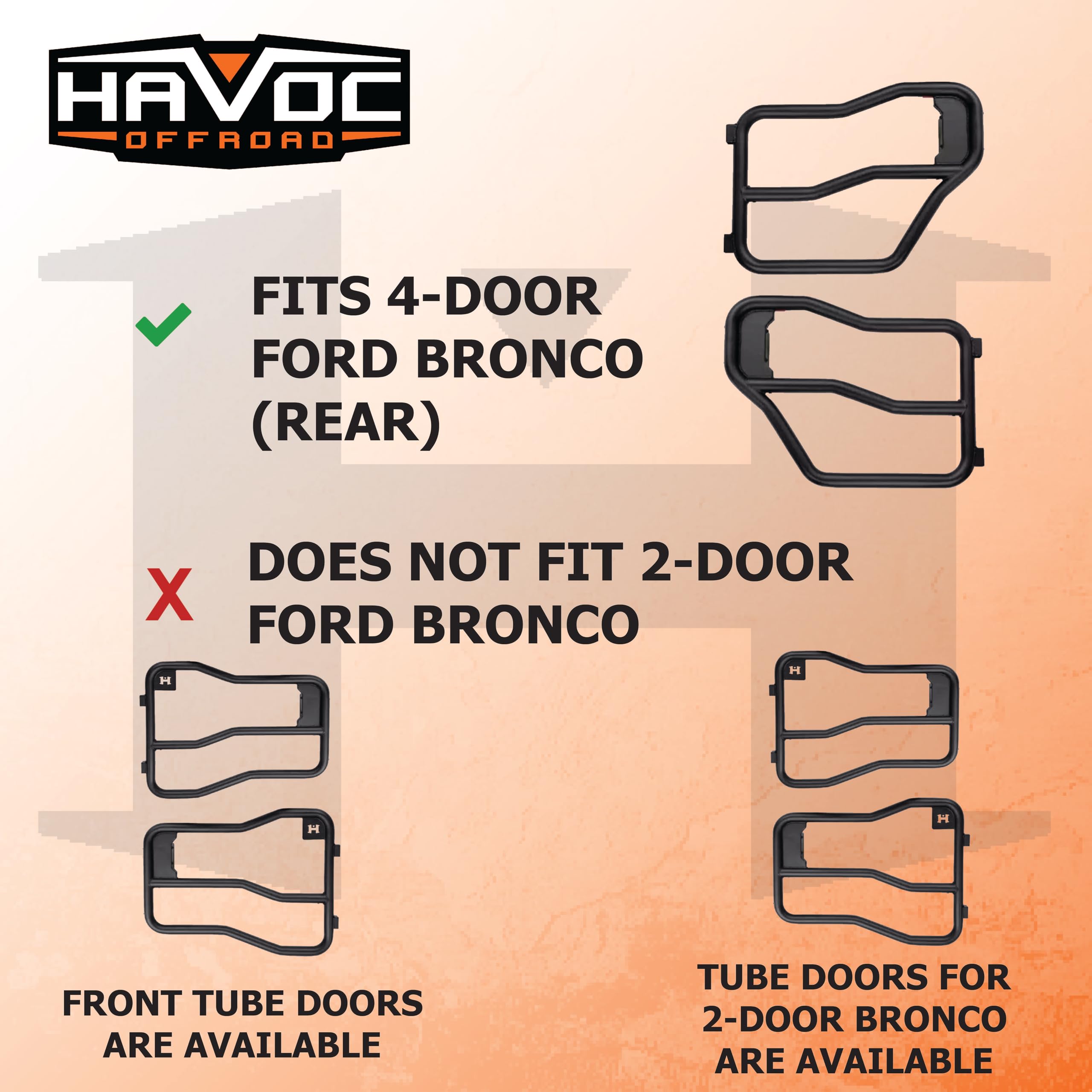 Rear Tube Doors HAVOC OFFROAD for Ford Bronco | Steel, Black, No Drill, Pair | HFB-10-003 | 2021-2025 Ford Bronco, 4-Door