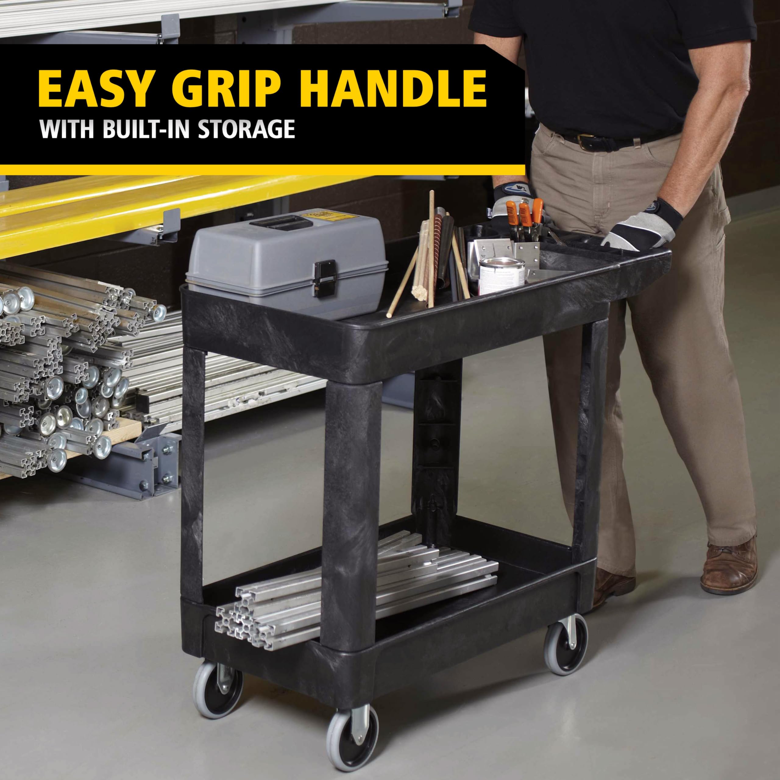 Rubbermaid 2-Shelf Commercial Products Utility/Service Cart, Small, Lipped Shelves, Storage Handle, 500 lbs. Capacity, for Warehouse/Garage/Cleaning/Manufacturing
