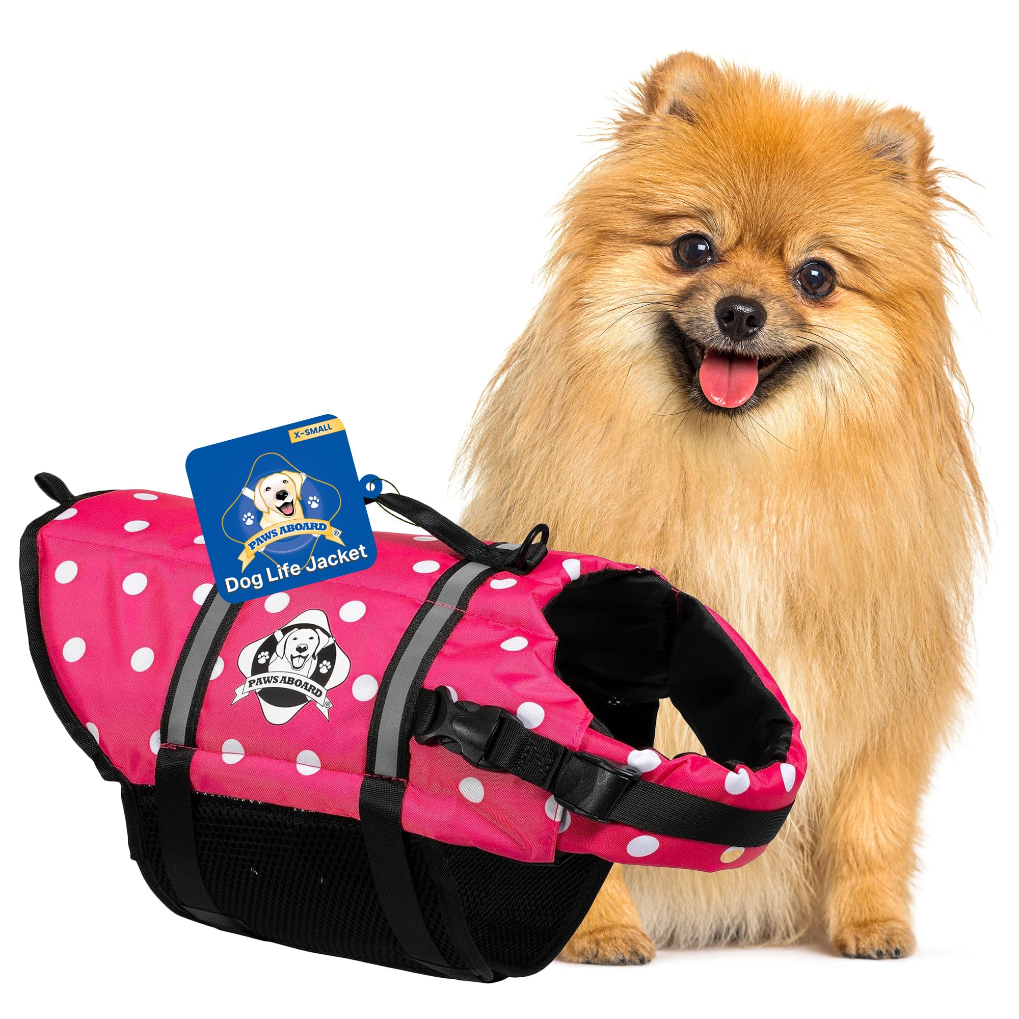 Dog Life Jacket Paws Aboard - Swimming Vest for Dogs, Adjustable, Reflective, Comfortable, Multiple Colors, Patterns, XX-Small to Extra Large Dog Swim Vest with Handle (Pink Polka Dot, X-Small)