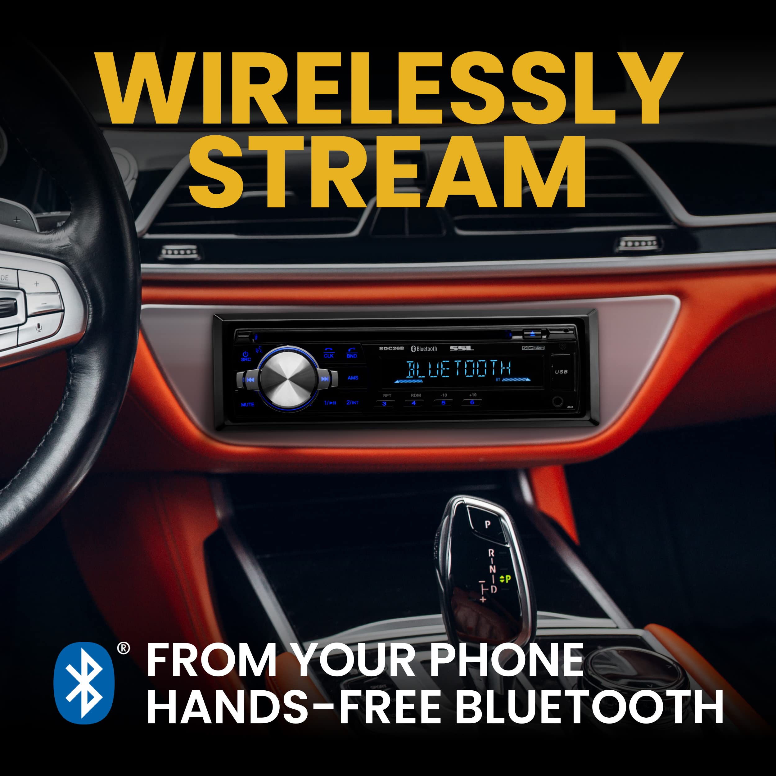 SDC26B Sound Storm Laboratories Car Stereo - Single Din, Bluetooth Audio and Hands-Free Calling, Built-in Microphone, MP3 Player, CD, USB Port, AUX Input, AM/FM Radio Receiver, Wireless Remote Control