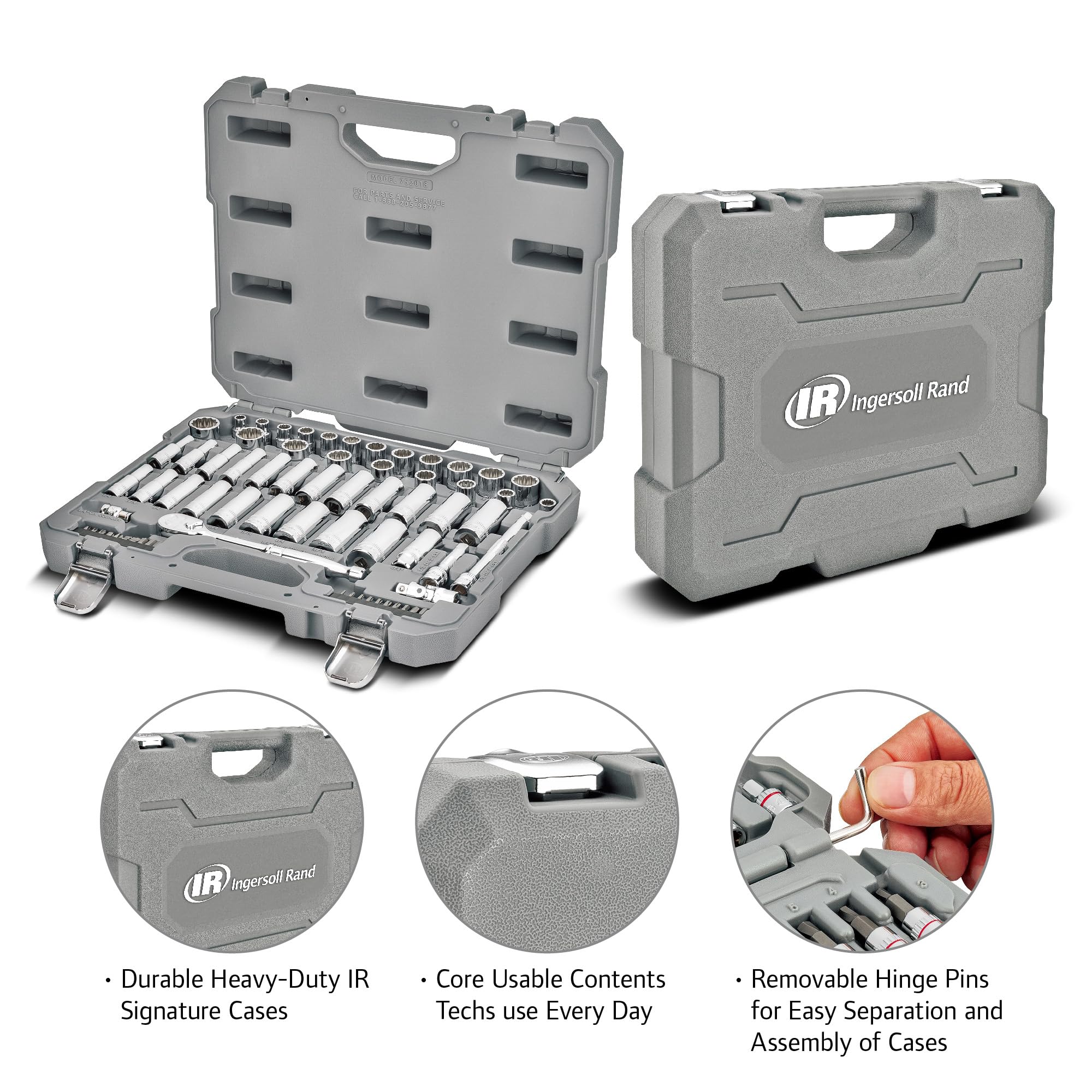 Ingersoll Rand 3/8-Inch Drive 68 Piece Metric/SAE Mechanics Tool Set, 72 Tooth Seal Headed Ratchet Handle, Chrome-Vanadium Steel Shallow/Deep Sockets, Universal Joint Socket - 752018