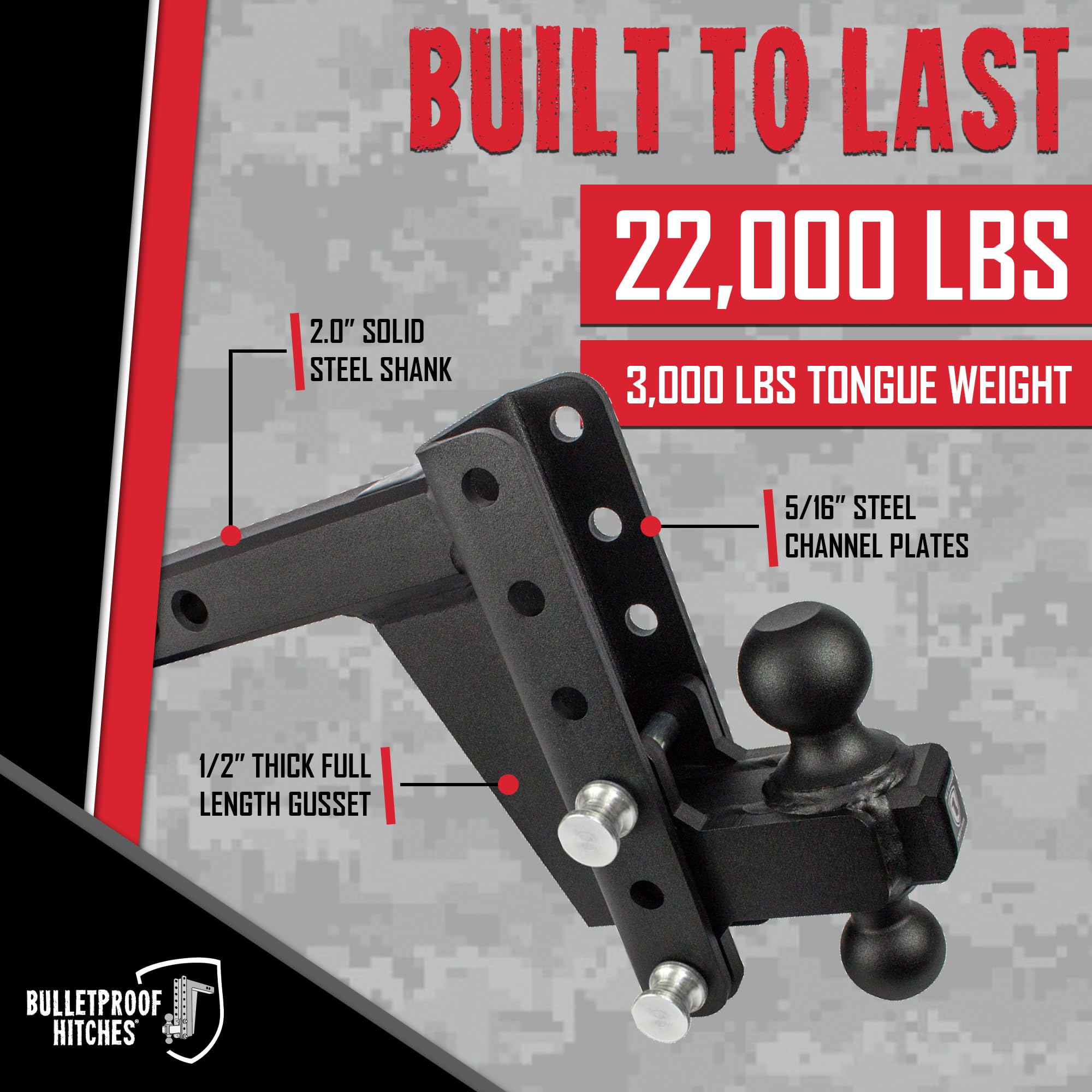 2.0" BulletProof Hitches Adjustable Heavy Duty Trailer Hitch (22,000 lb. Rating) - 6" Drop/Rise Trailer Hitch with 2" & 2-5/16" Dual Ball - Powder Coat, Solid Steel, Corrosion-Resistant