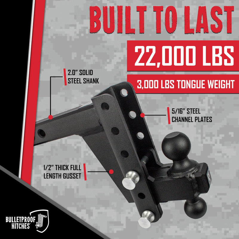 2.0" BulletProof Hitches Adjustable Heavy Duty Trailer Hitch (22,000 lb. Rating) - 6" Drop/Rise Trailer Hitch with 2" & 2-5/16" Dual Ball - Powder Coat, Solid Steel, Corrosion-Resistant