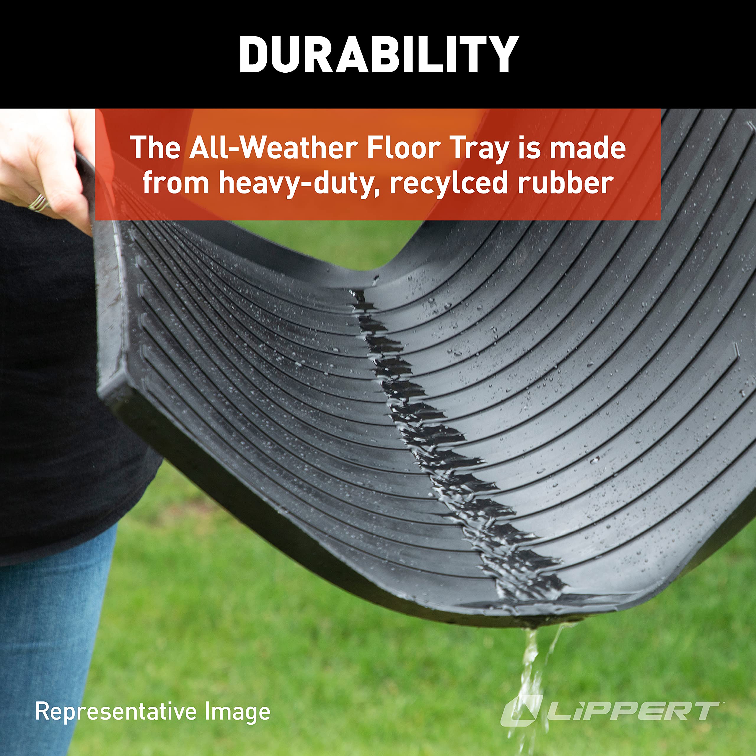 Lippert All-Weather Solid Step Entry Floor Tray, 28-1/4" W x 20" D, Heavy-Duty Recycled Rubber Mat for Indoor or Outdoor Door Entryway, for Shoes, Pet Dishes - 801380