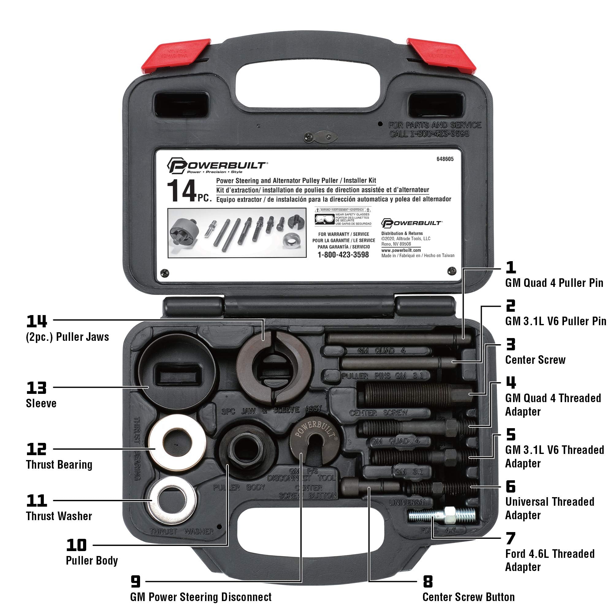Powerbuilt Steering Power and Alternator Pulley Remove and Install Tool Set, Replace Vehicle Pump, Car Repair Tools, Storage Case - 648605