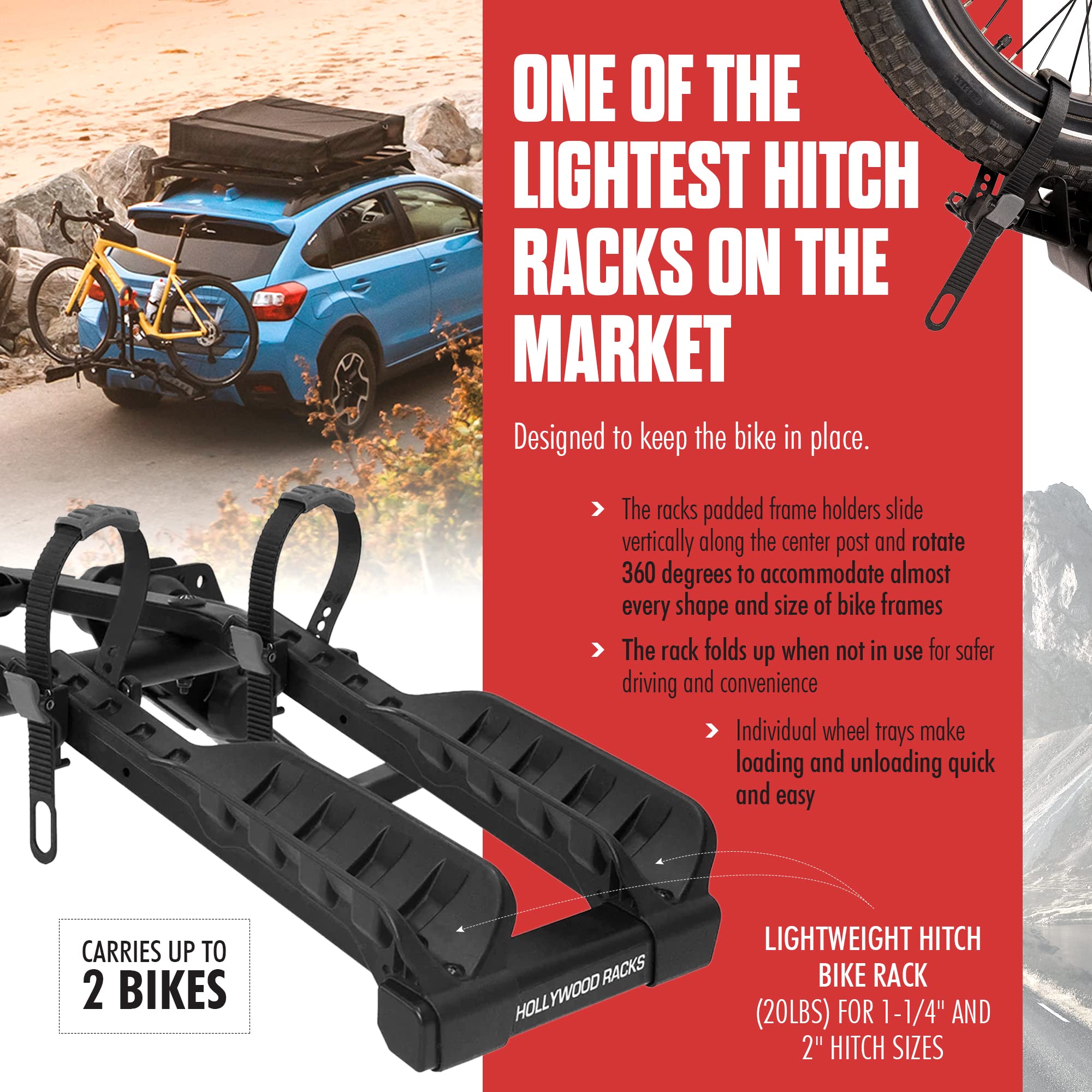 Destination 2 Hollywood Racks Hitch Bike Rack, Transports 2 Bikes up to 35 lbs Each - Lightweight Platform Style Bike Carrier for Car, SUV, or Truck - Secure, Foldable Bicycle Car Racks