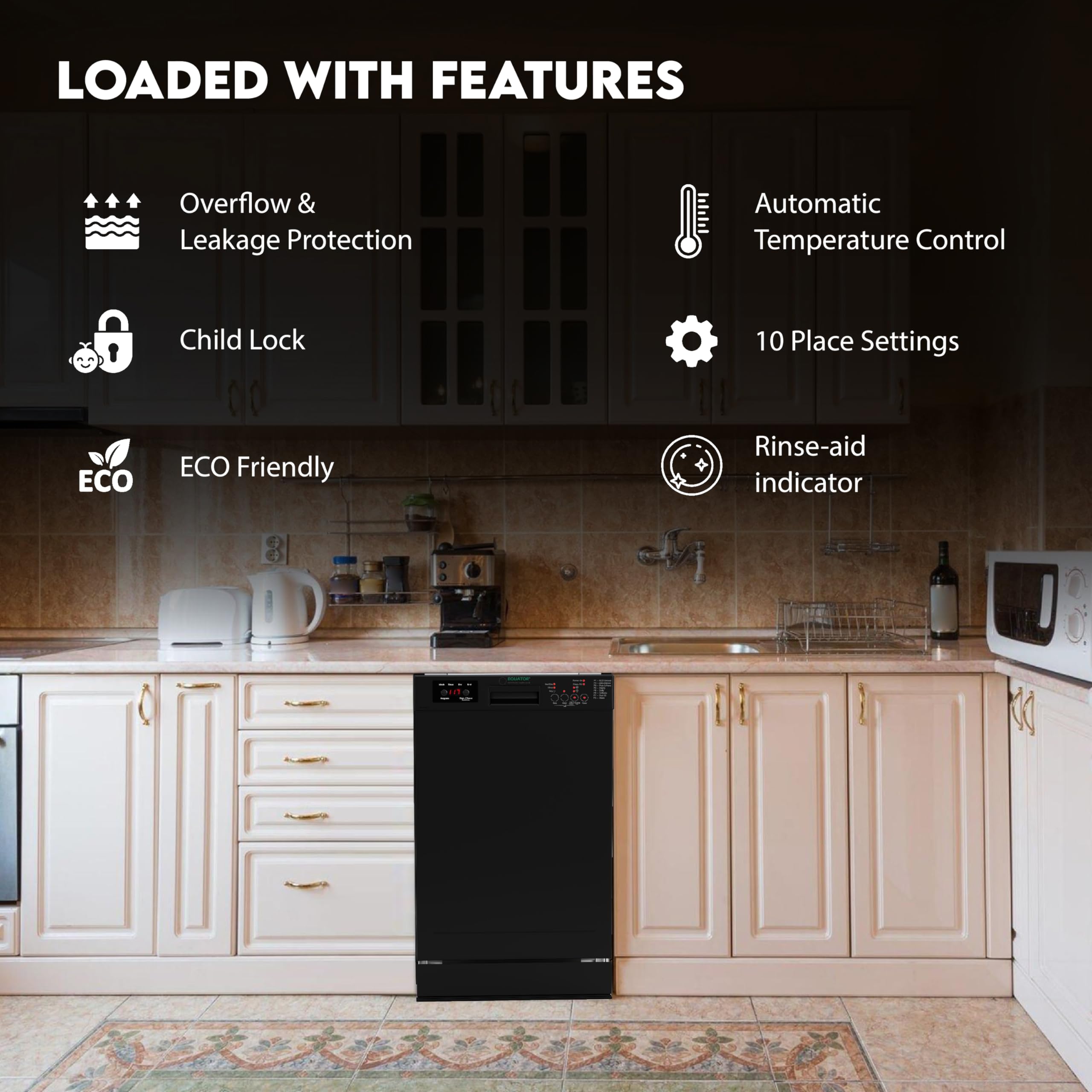 Equator 18" Built in Dishwasher 10 place Rack Wine 8 Wash Sensor Delay 1/2 Load 110V E-Star ADA in Black
